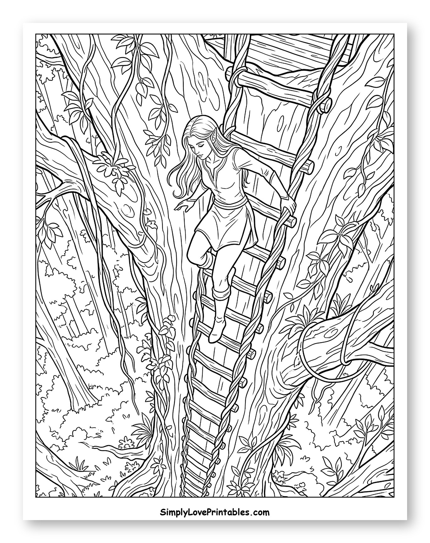 Elf Climbing Down a Rope Ladder Coloring Page
