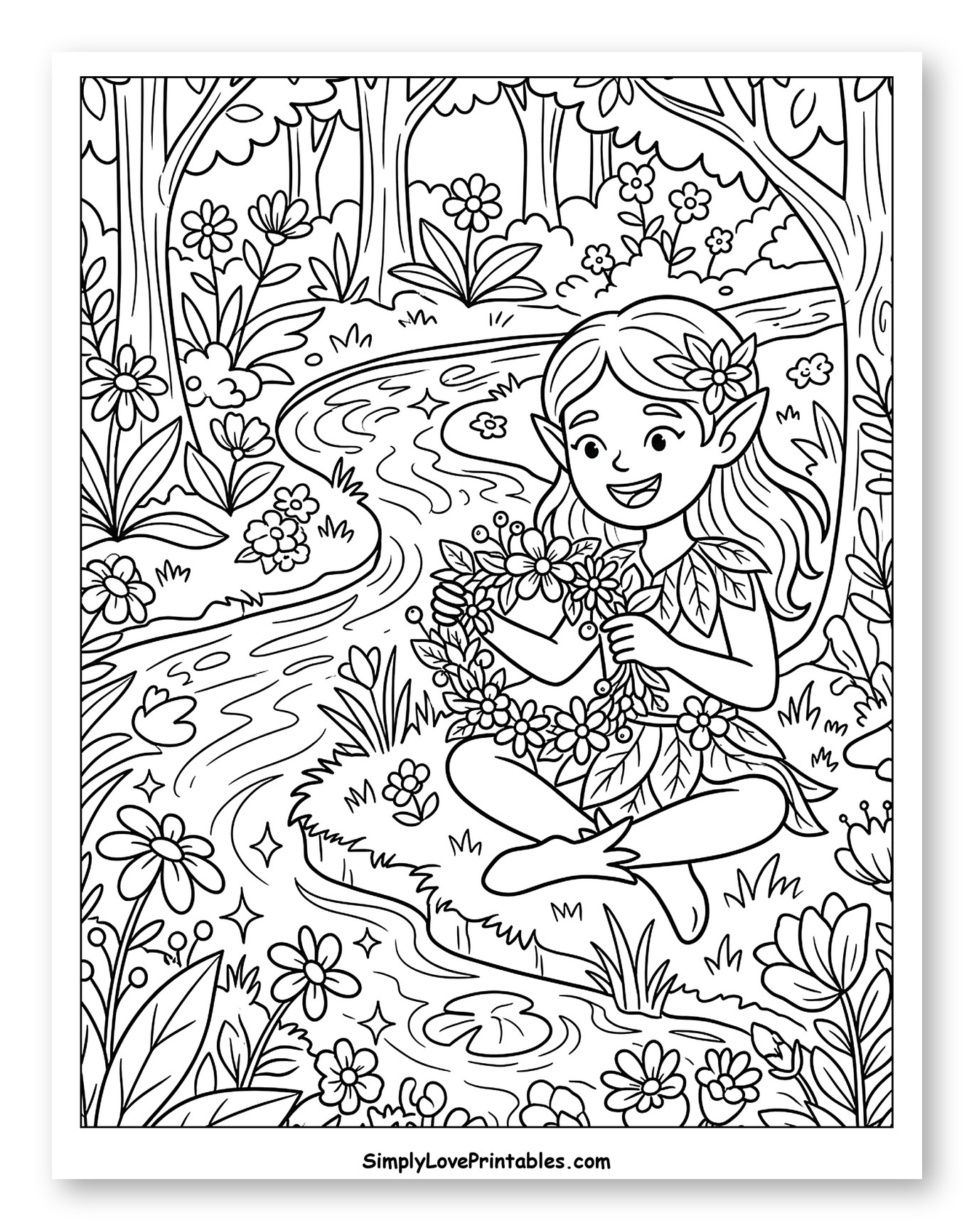 Elf Girl Making Flower Wreath by Stream to Color for Kids
