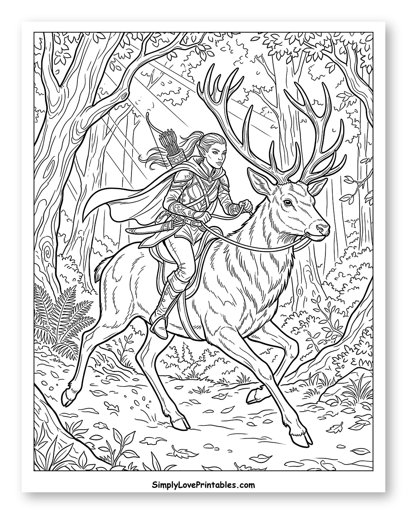Elf Rider on a Majestic Forest Stag Coloring Sheet