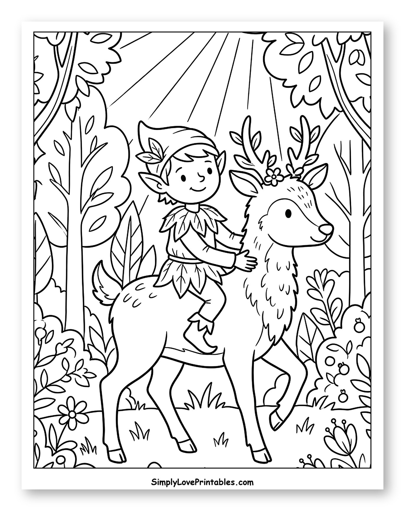 Elf Riding a Deer in a Sunny Forest to Color for Kids