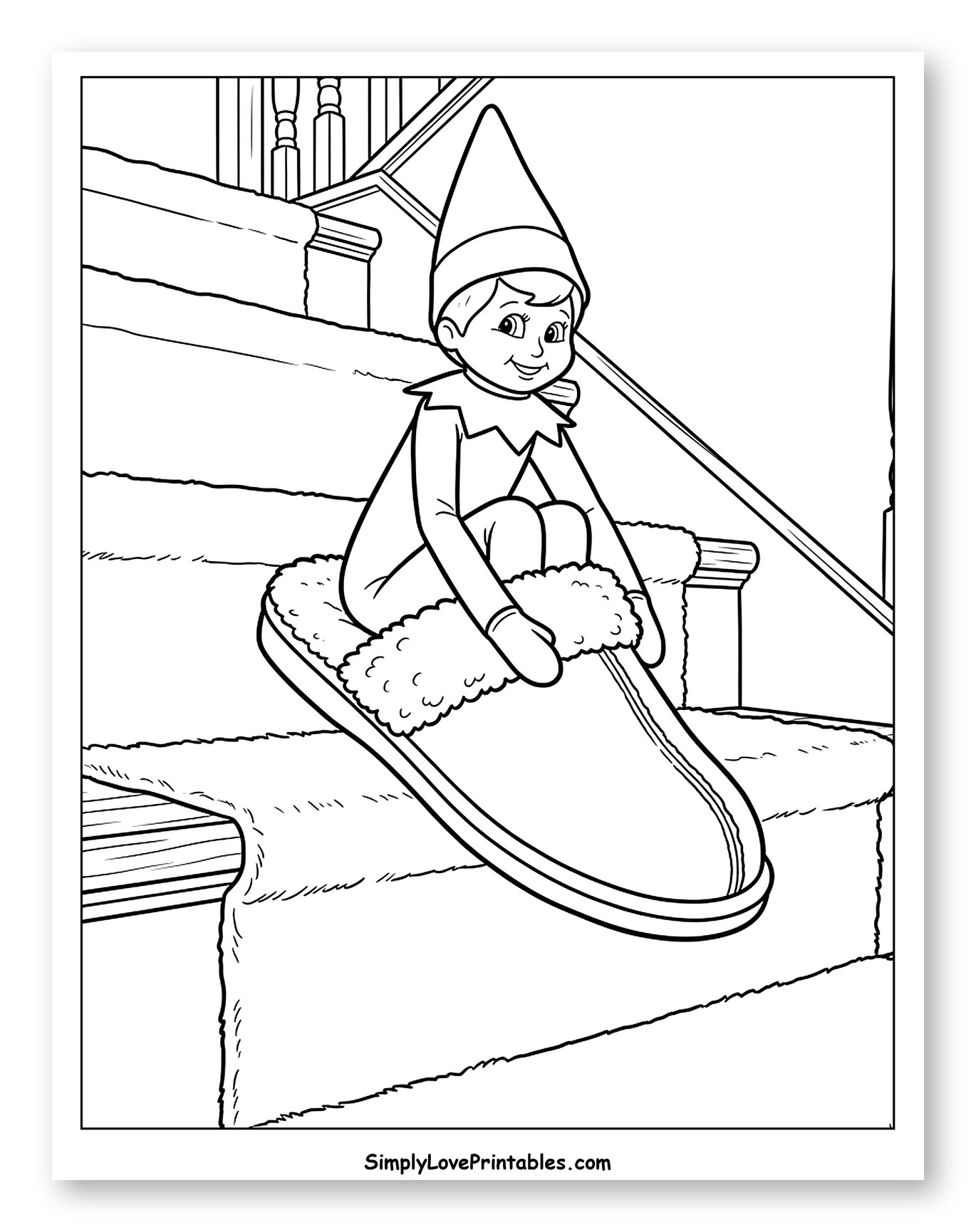 Elf Sledding Down Stairs in a Cozy Slipper Coloring Page