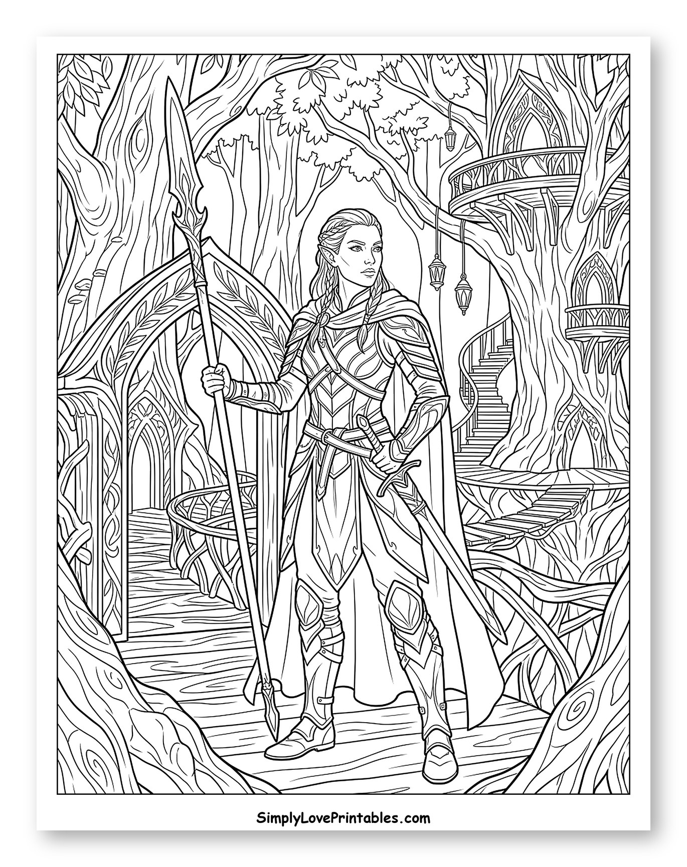 Elf Warrior with Spear in Elven Forest Coloring Page
