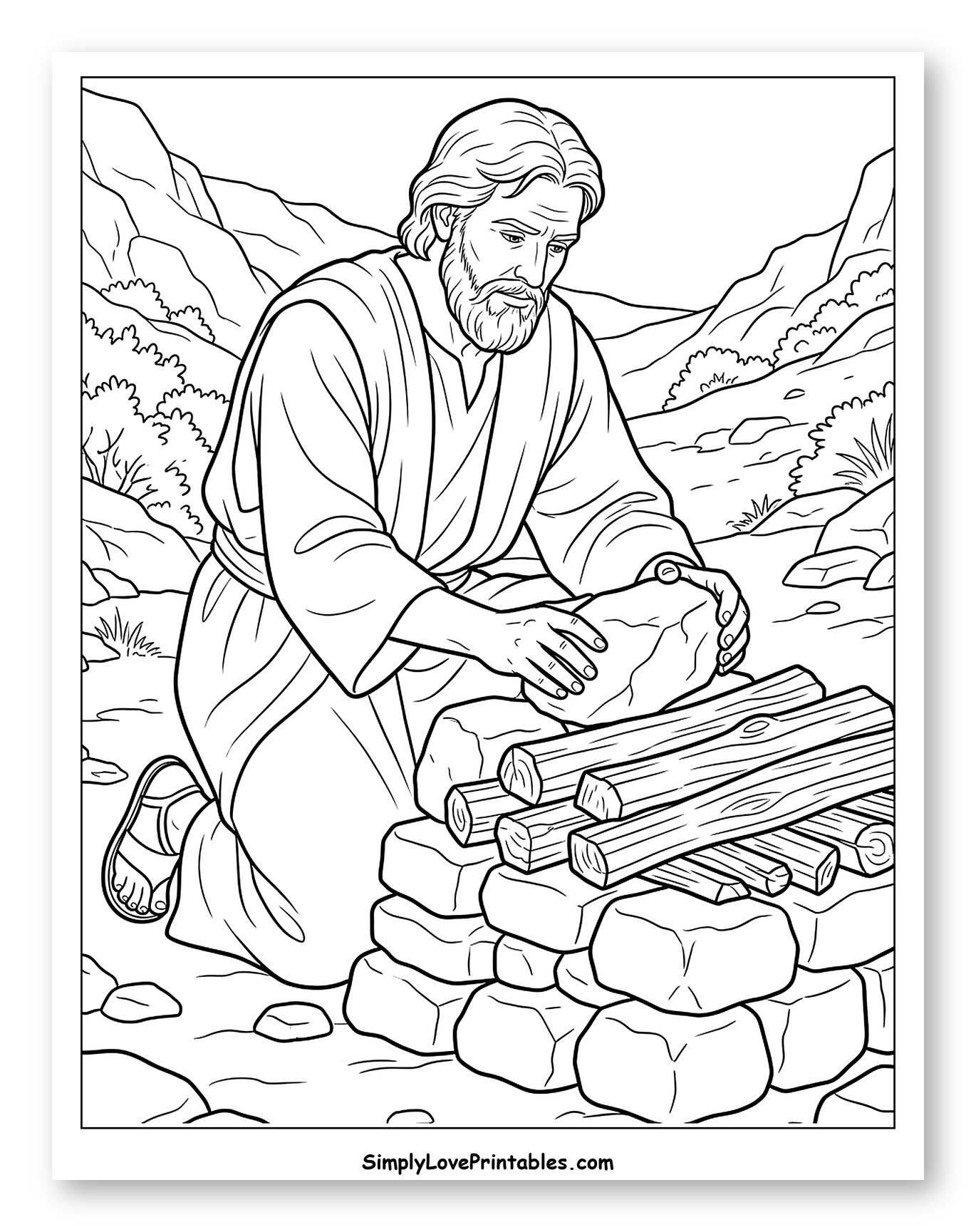 Elijah Building an Altar with Rocks and Wood Coloring Page