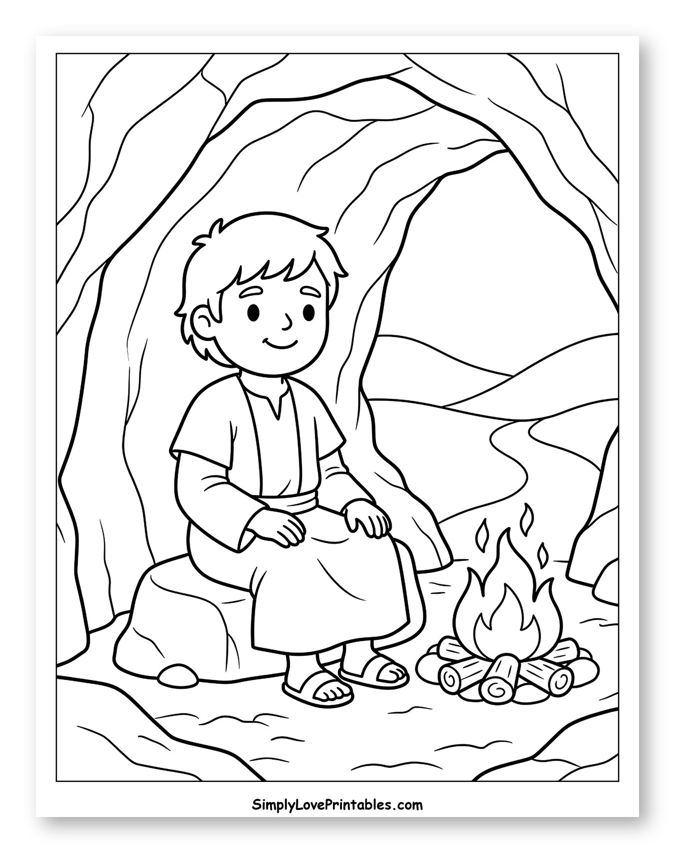 Elijah in a Cave with a Campfire to Color for Kids