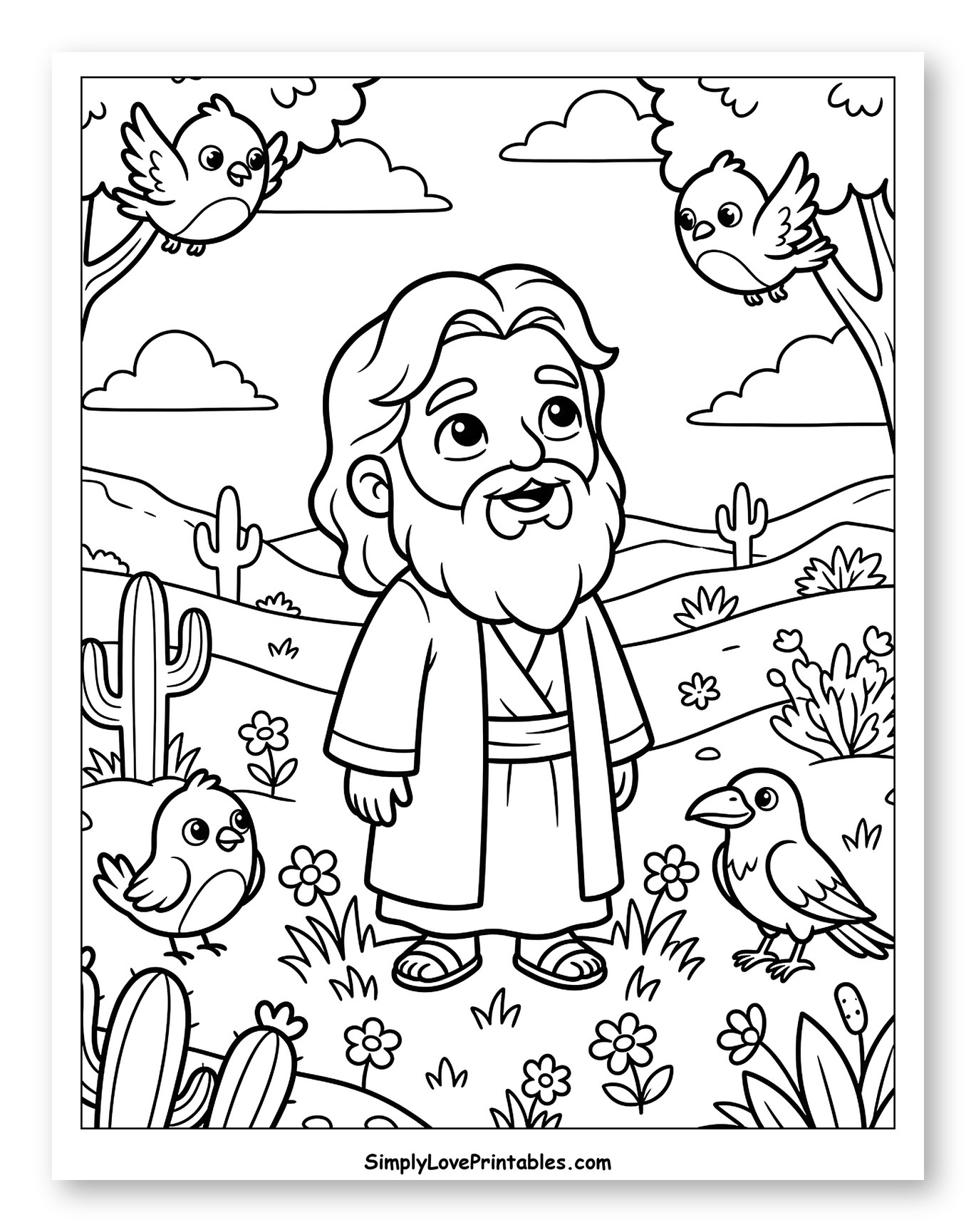 Elijah Looking at Birds in Desert Coloring Sheet for Kids