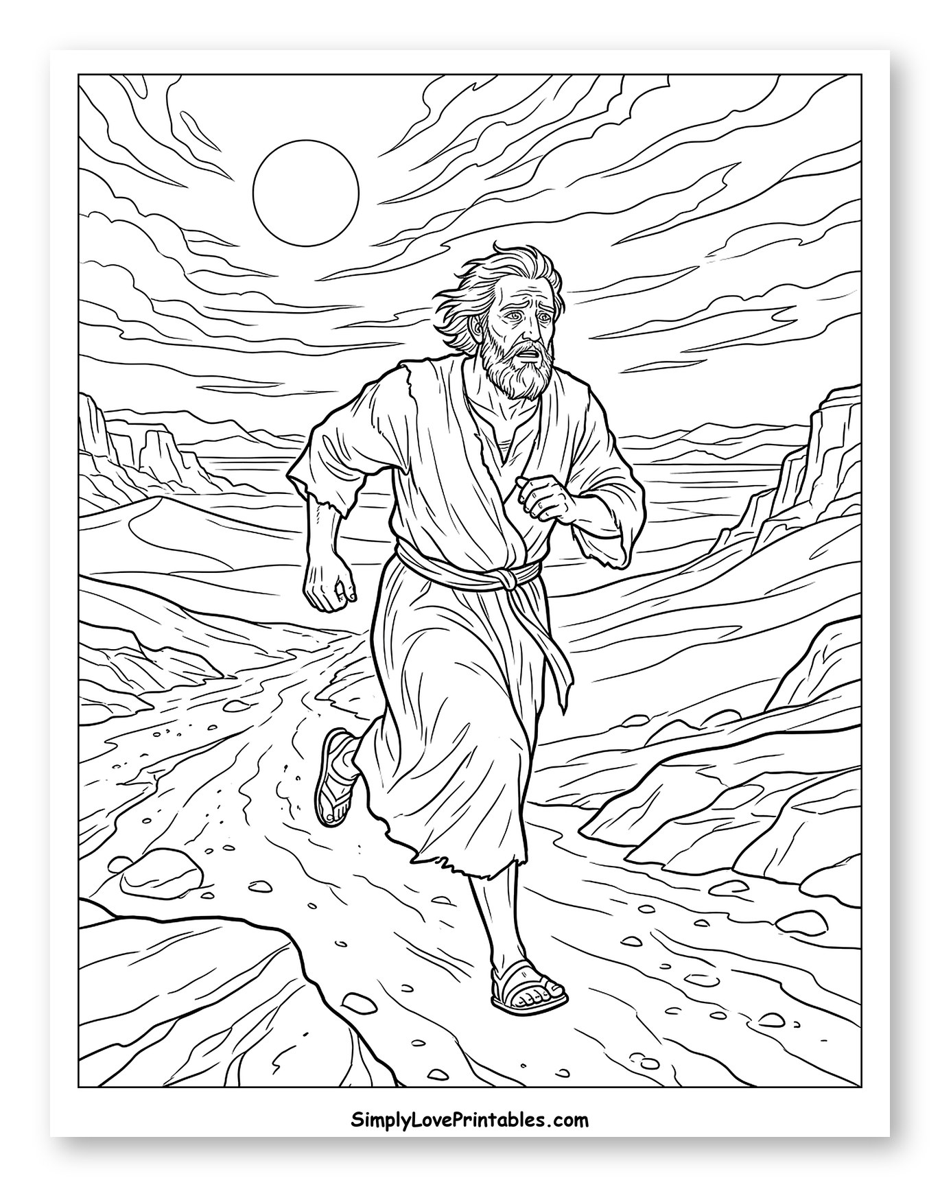 Elijah Running Through the Desert Landscape Coloring Sheet