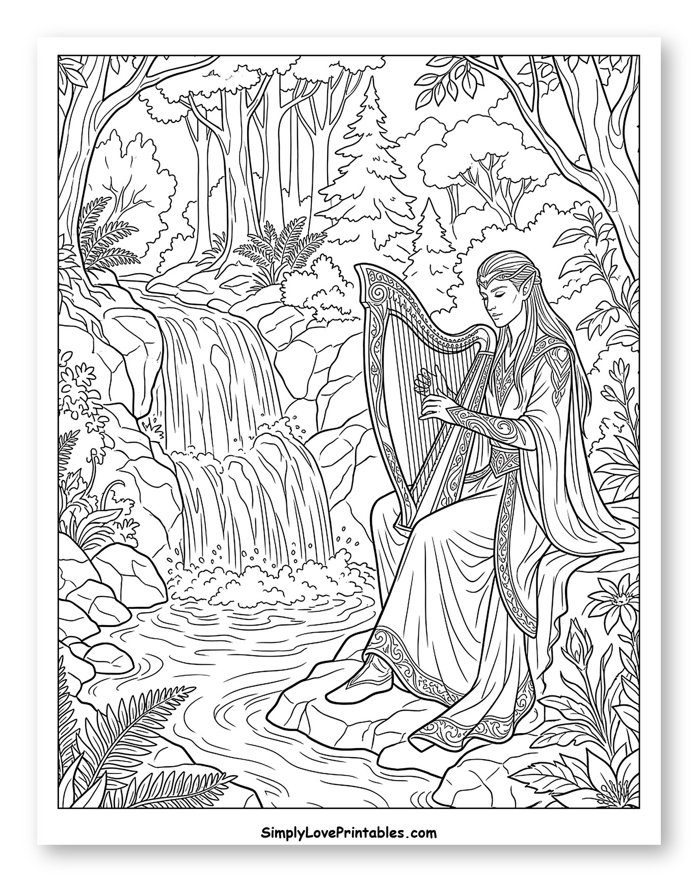 Elven Musician by a Forest Waterfall