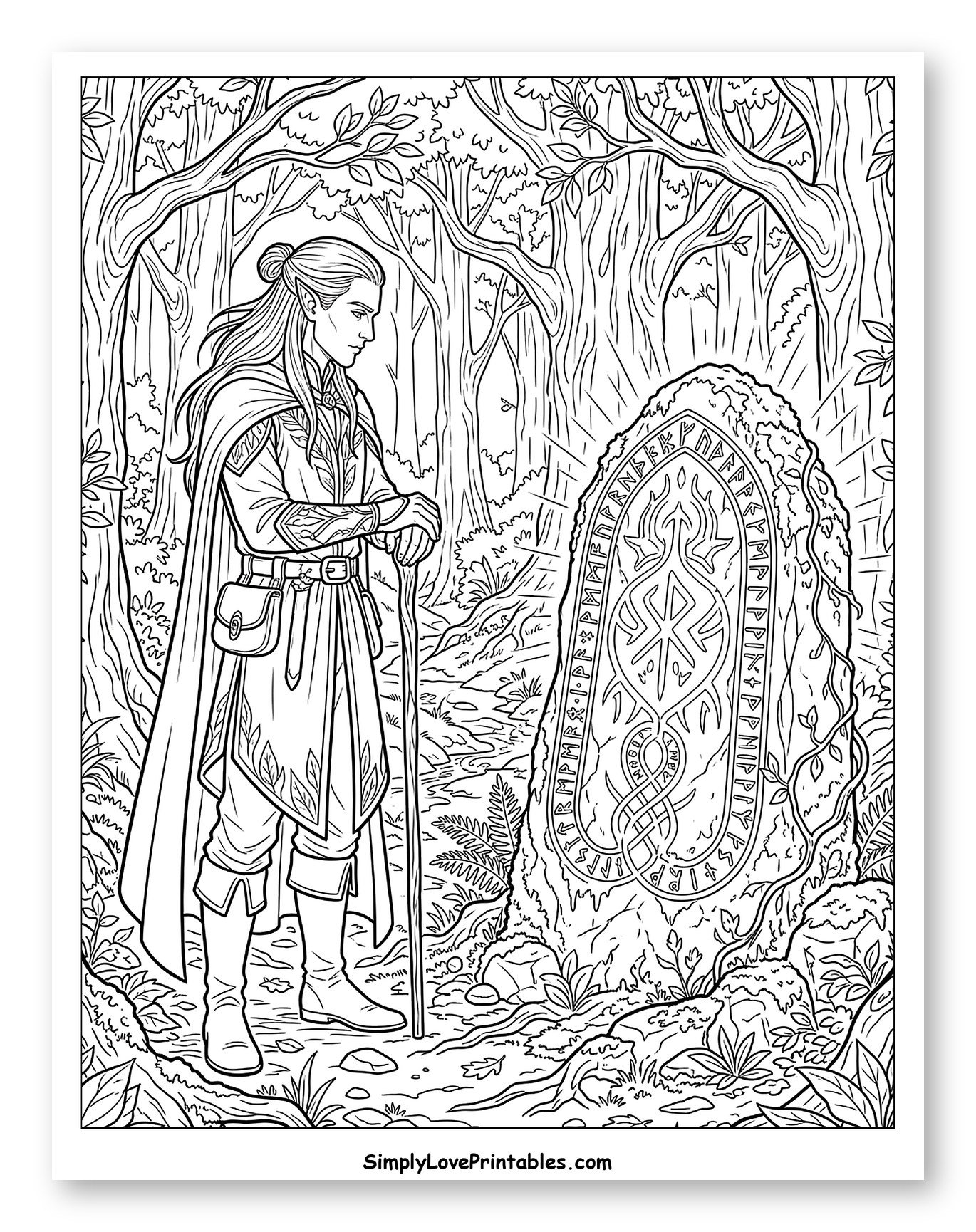 Elven Ranger and Mysterious Forest Runic Stone