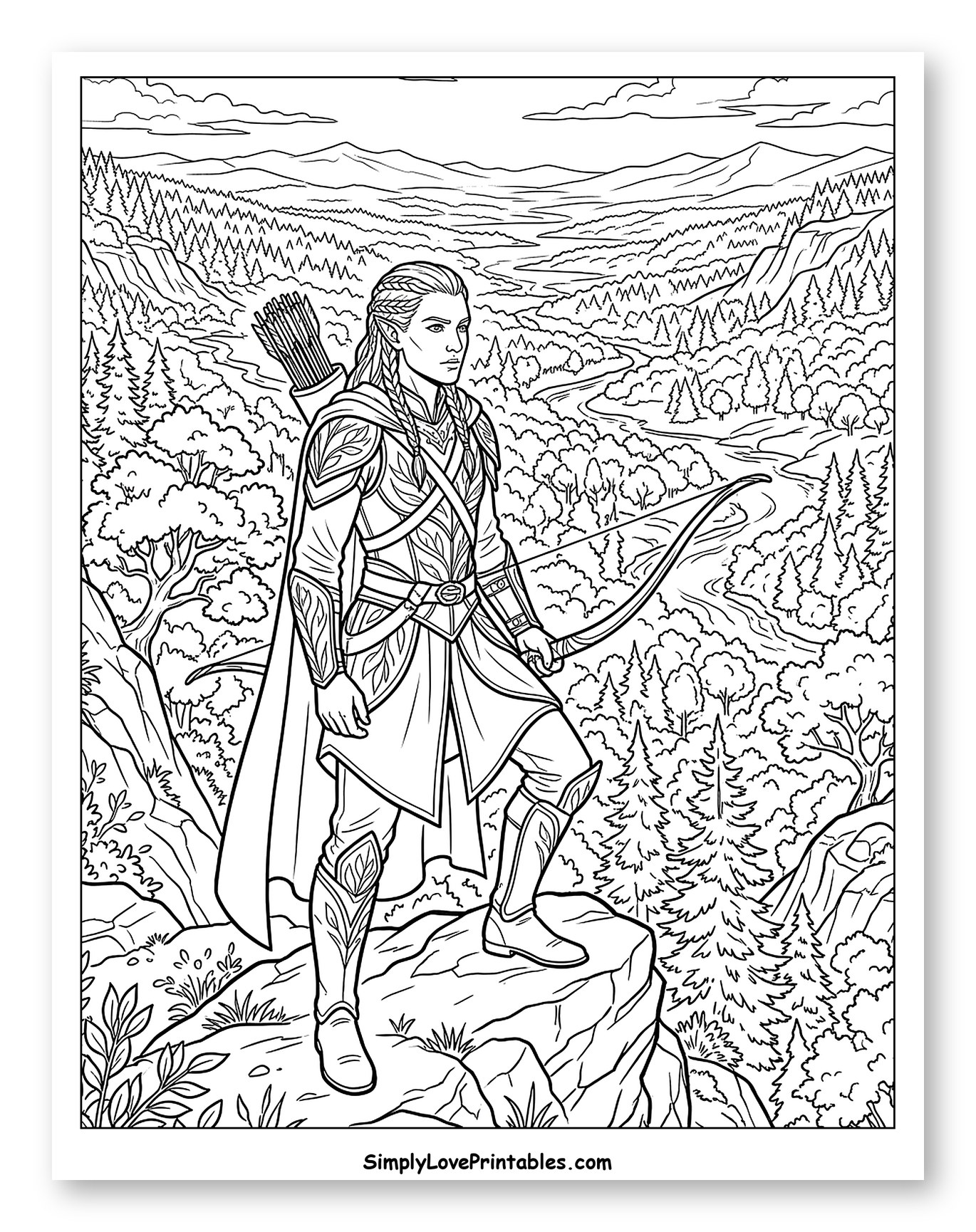 Elven Ranger Surveying Forest Valley to Color