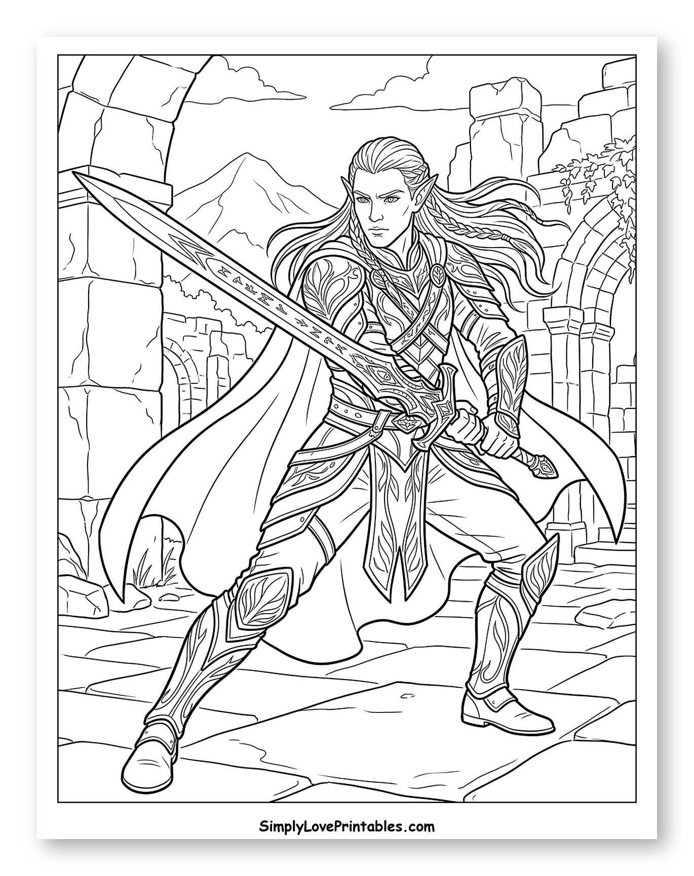 Elven Warrior with Sword in Ancient Ruins Coloring Page