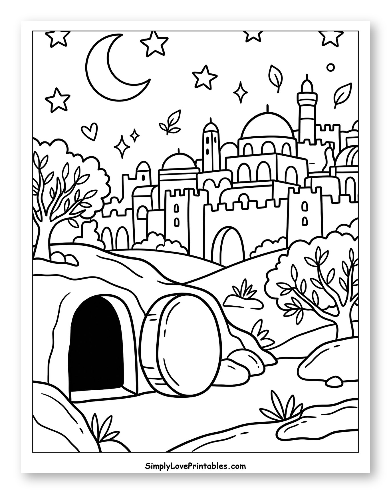 Empty Tomb with City and Night Sky Coloring Page for Adults
