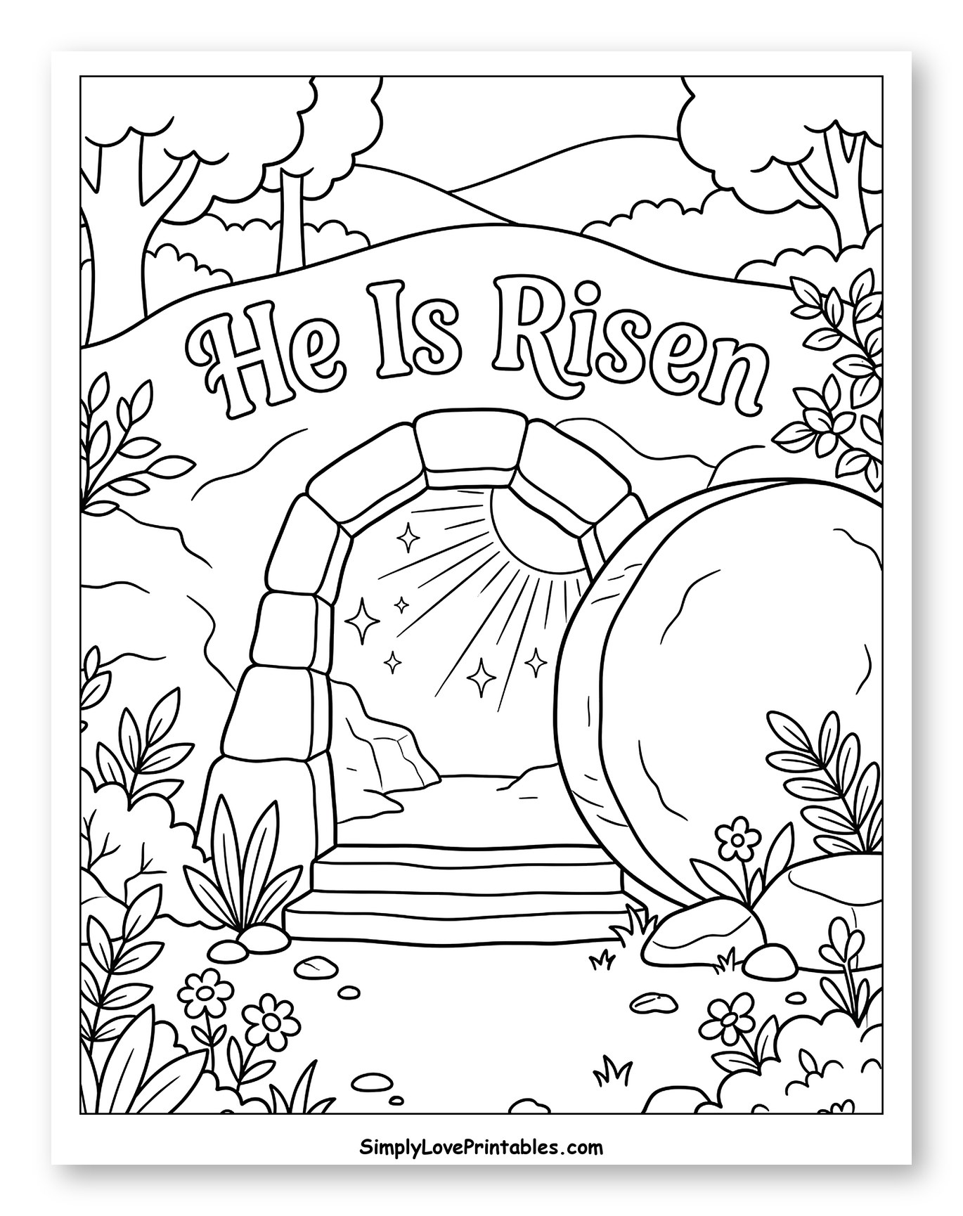 Empty Tomb with He Is Risen Text Coloring Sheet for Kids
