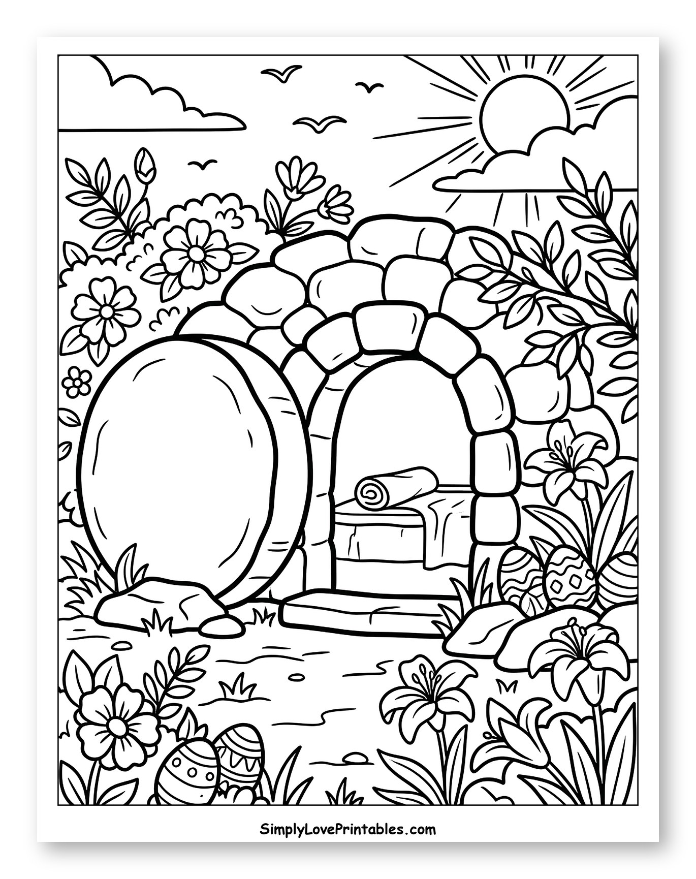 Empty Tomb with Stone Rolled Away and Sunrise Coloring Page for Toddlers
