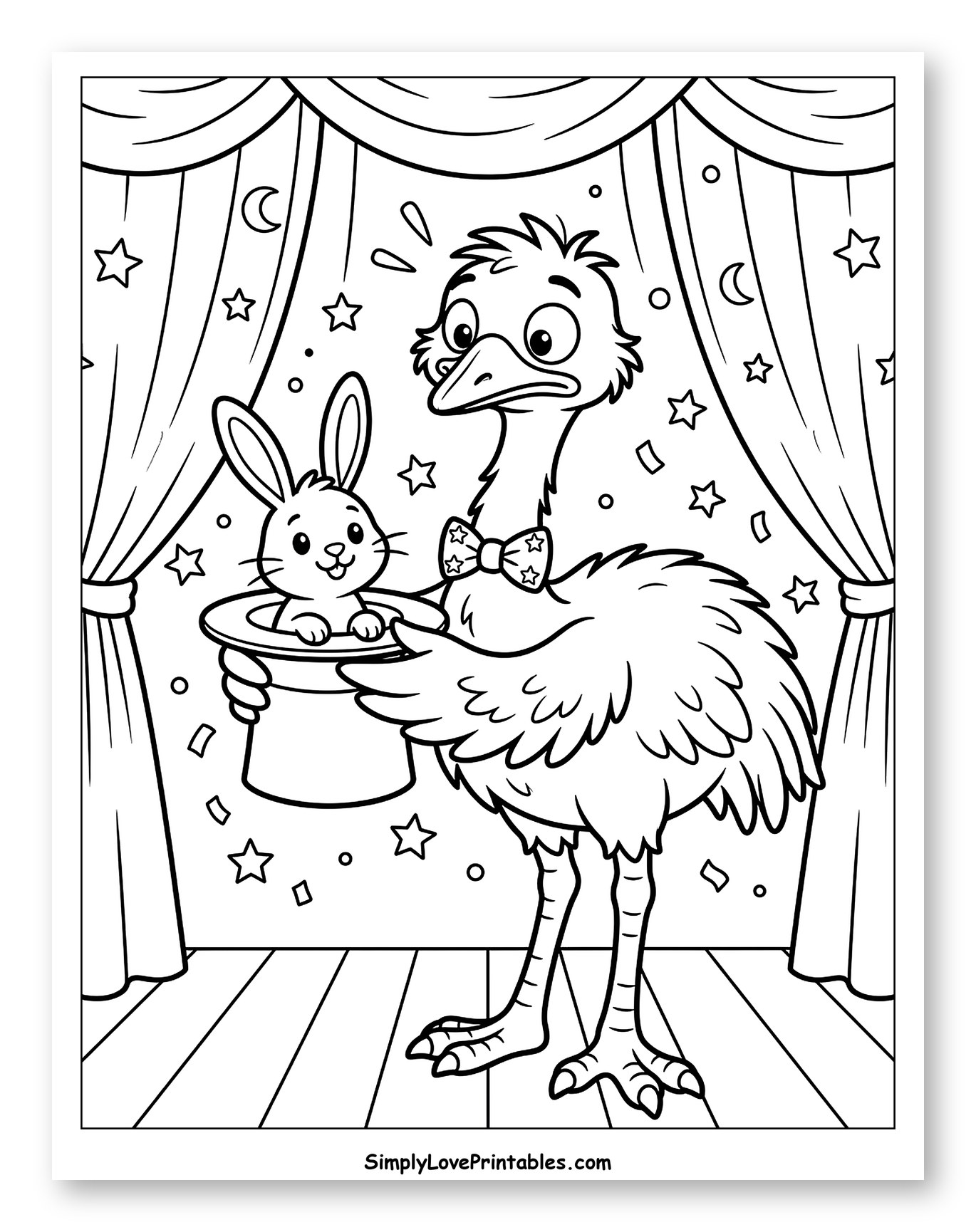 Emu Magician Pulls Rabbit From Hat Coloring Sheet for Kids