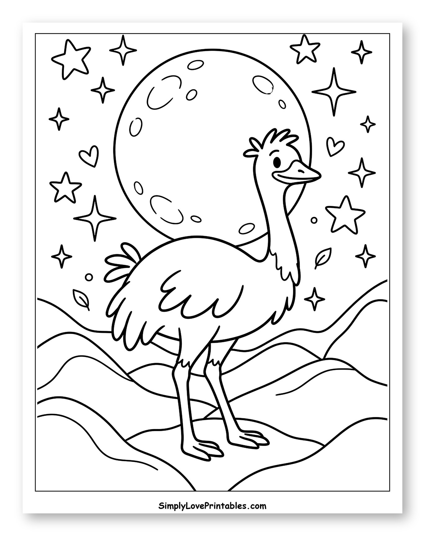 Emu Standing Under a Full Moon Coloring Sheet for Adults