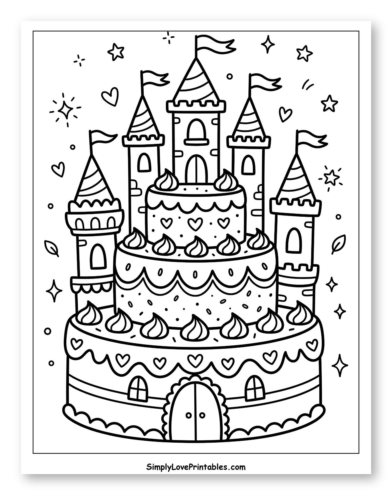 Enchanted Castle Cake with Flags and Hearts to Color for Adults