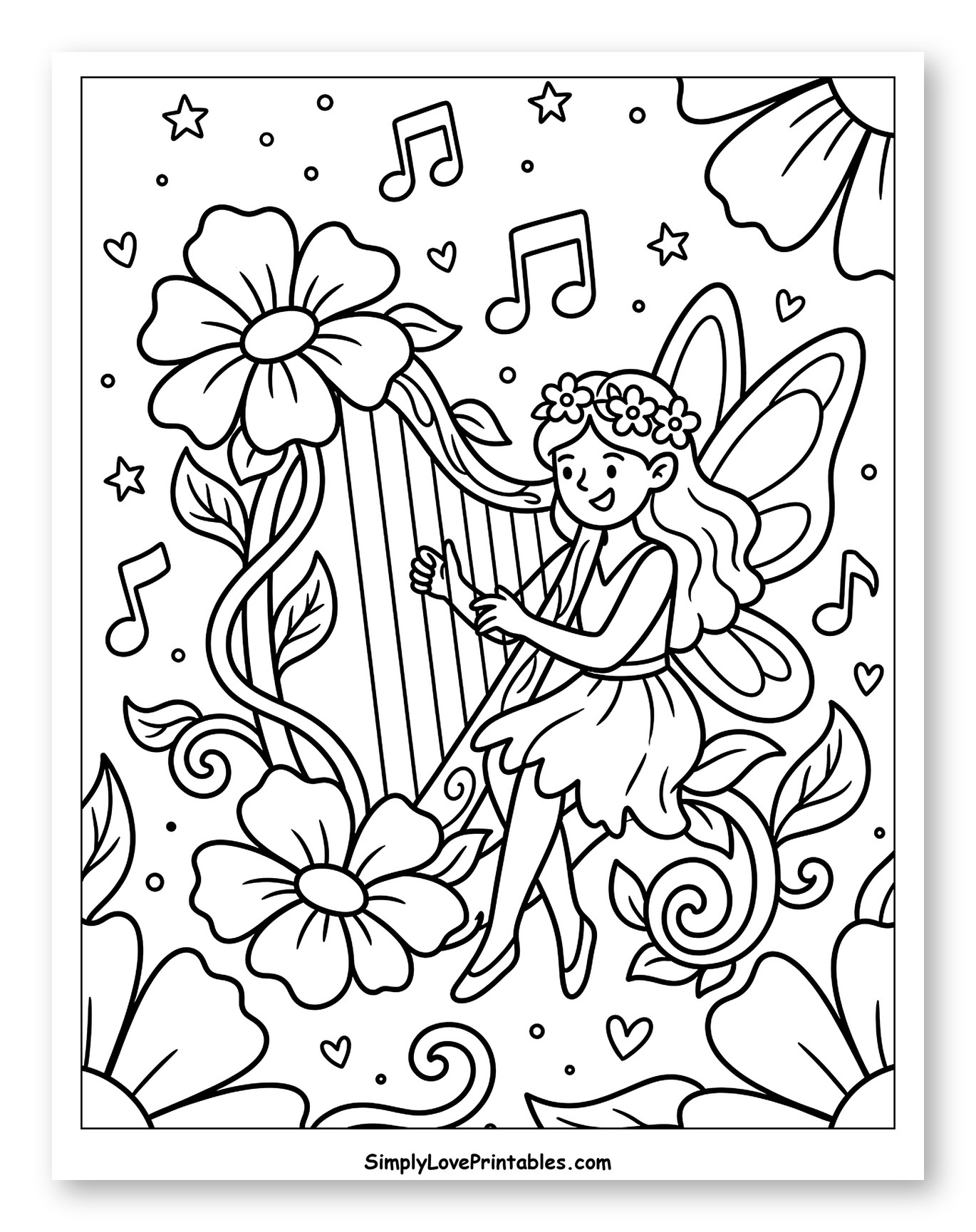 Enchanted Fairy Playing Harp Amidst Blossoming Flowers