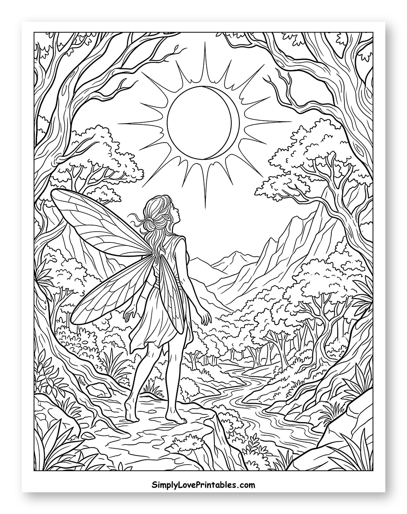 Enchanted Forest Fairy Watching Eclipse Coloring Page