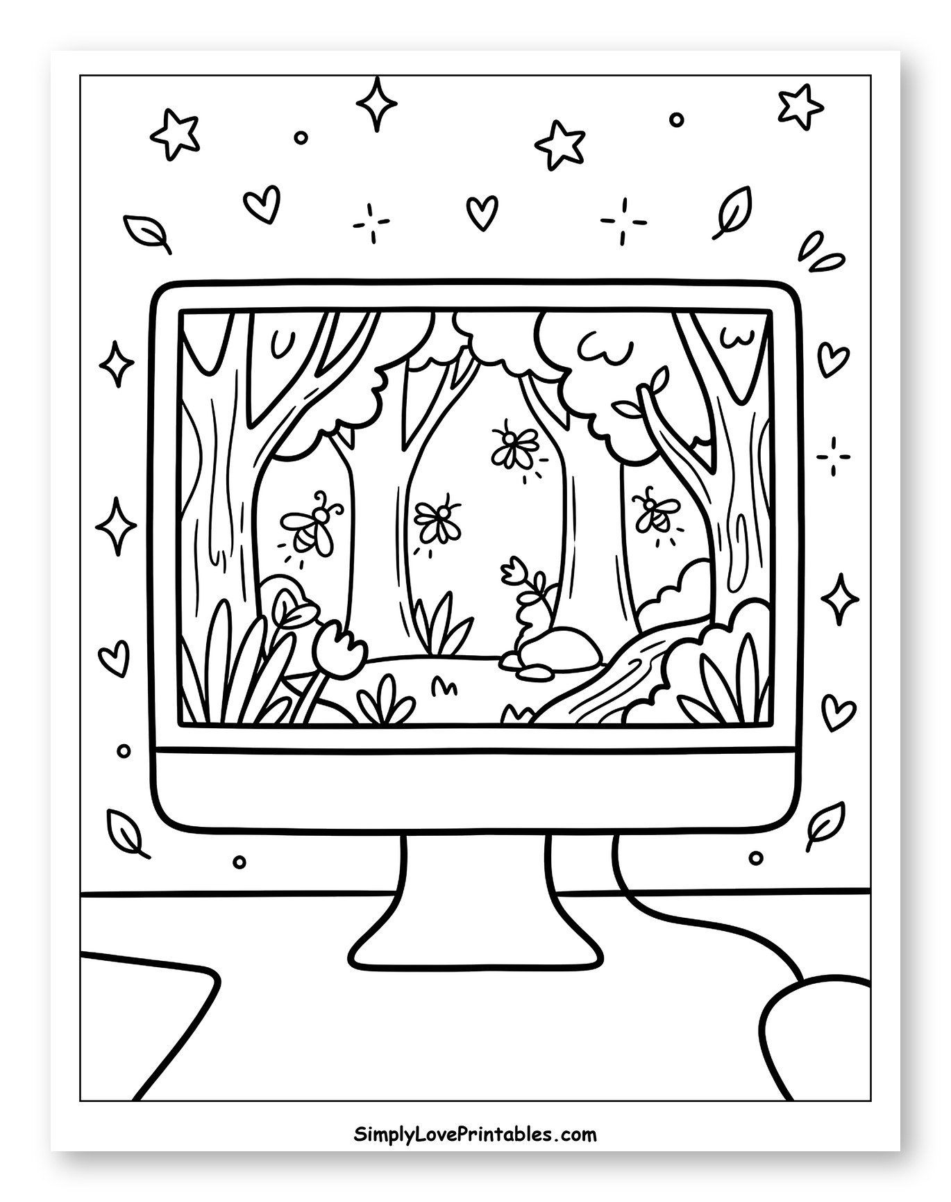 Enchanted Forest Scene on Computer Monitor to Color for Adults
