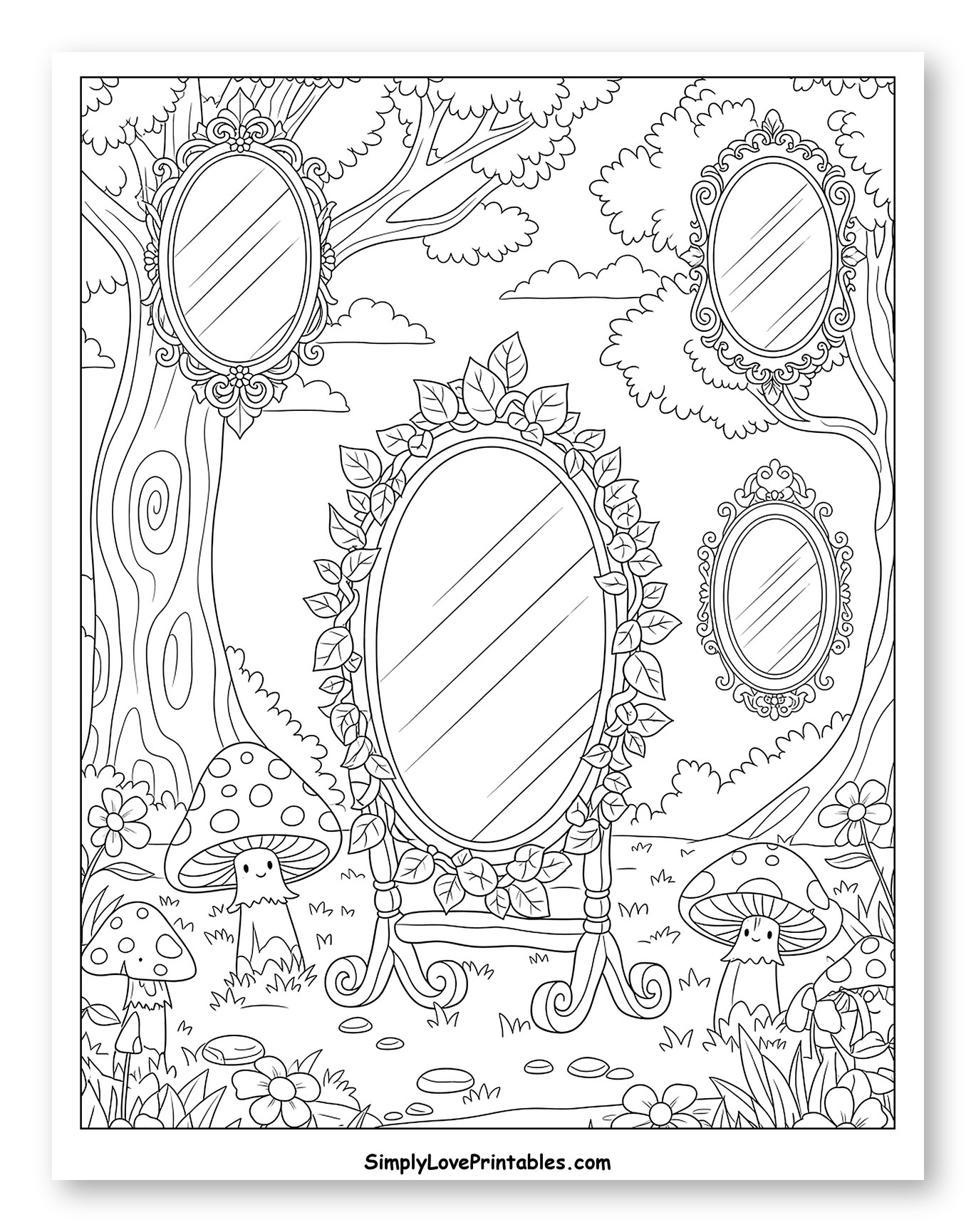 Enchanted Forest with Whimsical Mirrors and Mushrooms