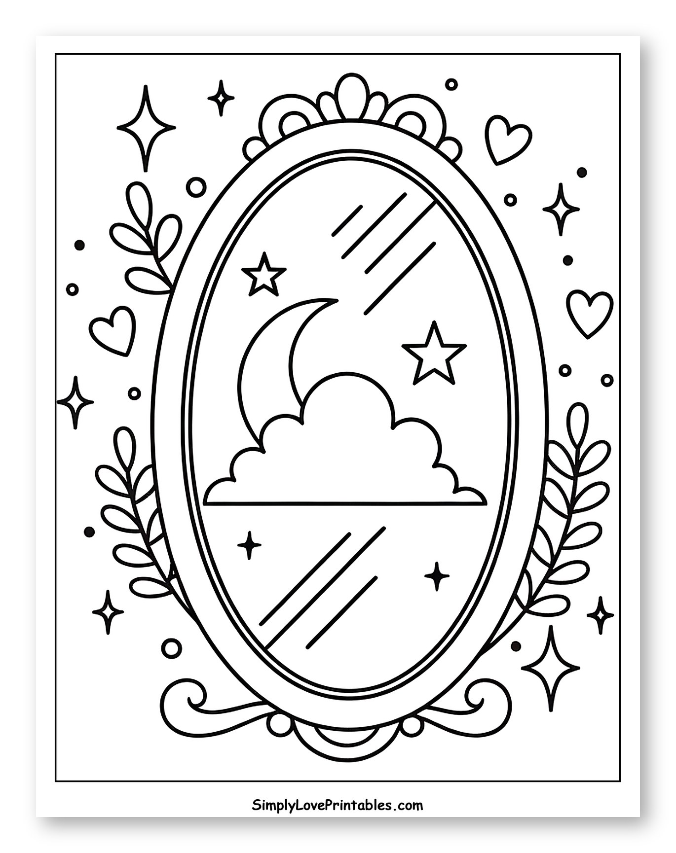 Enchanted Mirror Reflecting Night Sky Coloring Page for Adults