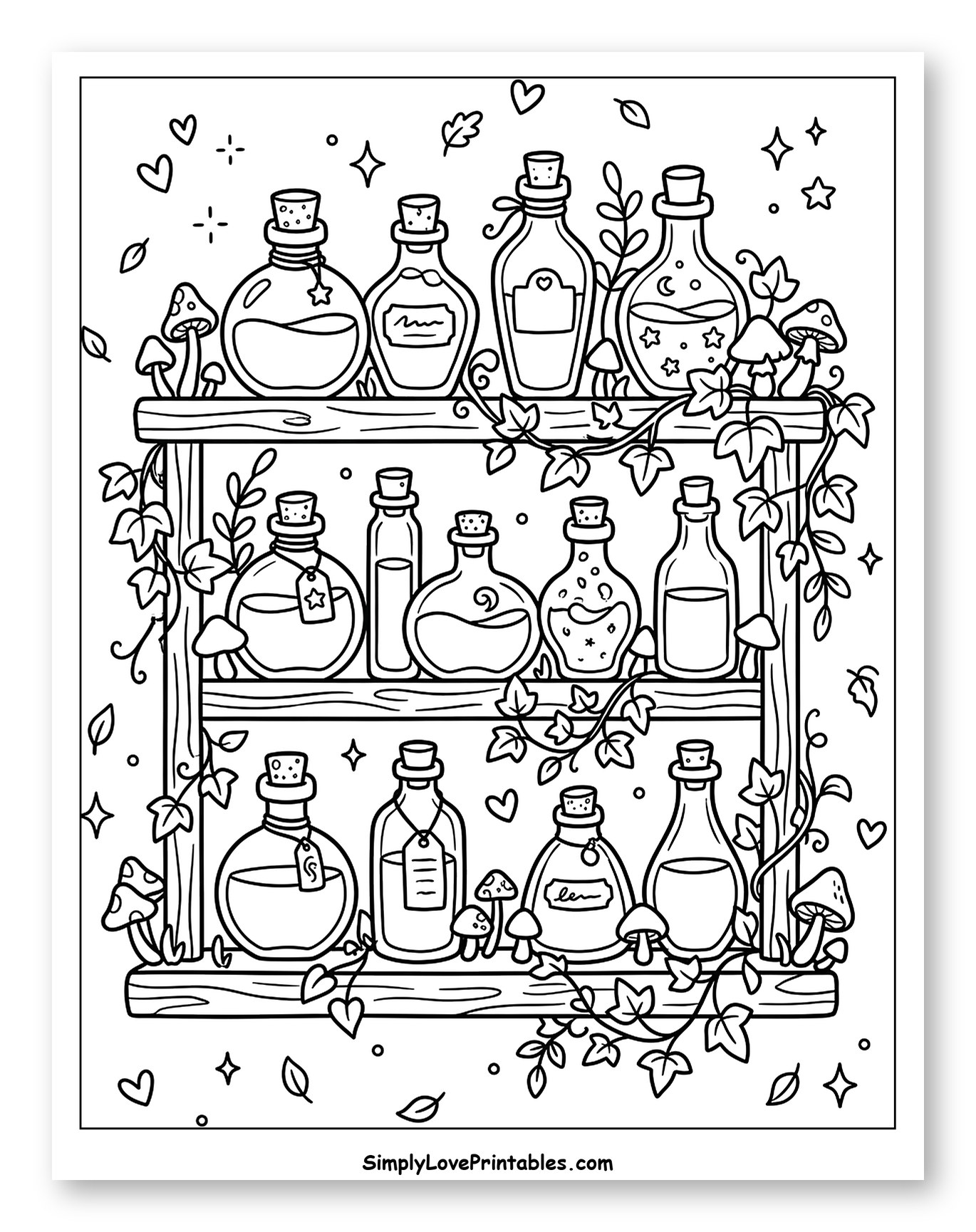 Enchanted Potion Shelf with Mushrooms and Ivy to Color for Adults