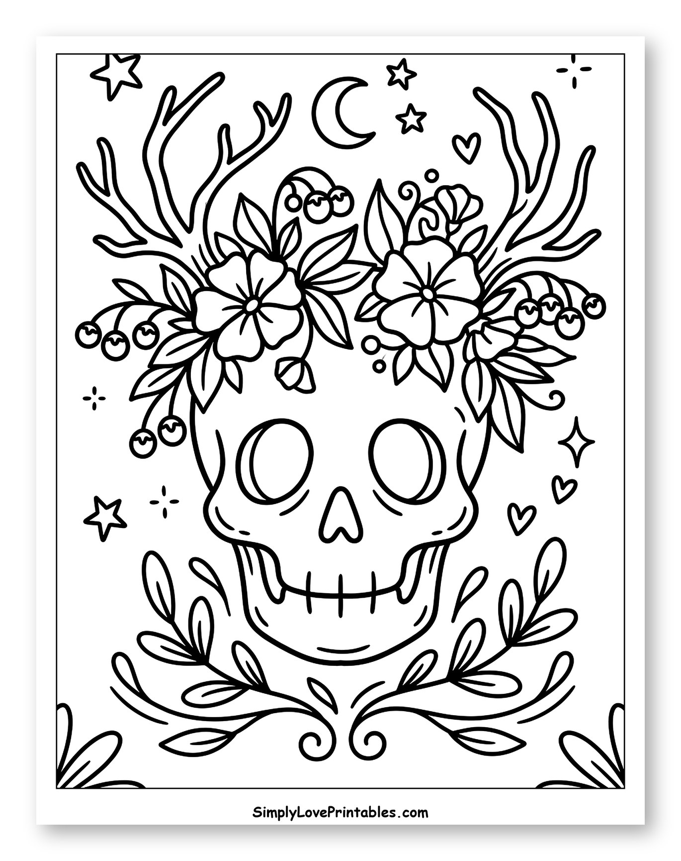 Enchanted Skull with Moon and Stars Coloring Sheet for Adults