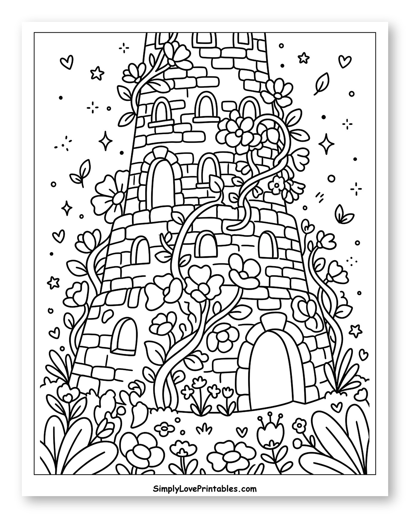 Enchanted Tower with Blooming Vines and Flowers