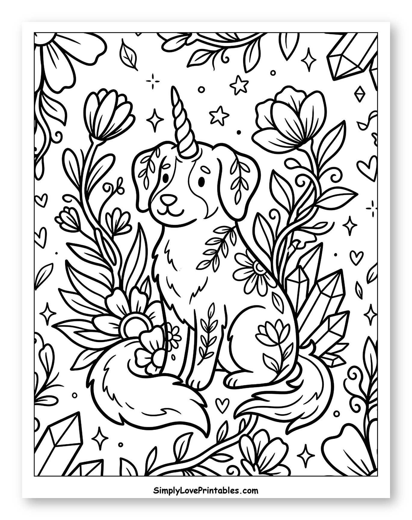 Enchanted Unicorn Dog in a Floral Garden Coloring Sheet for Adults