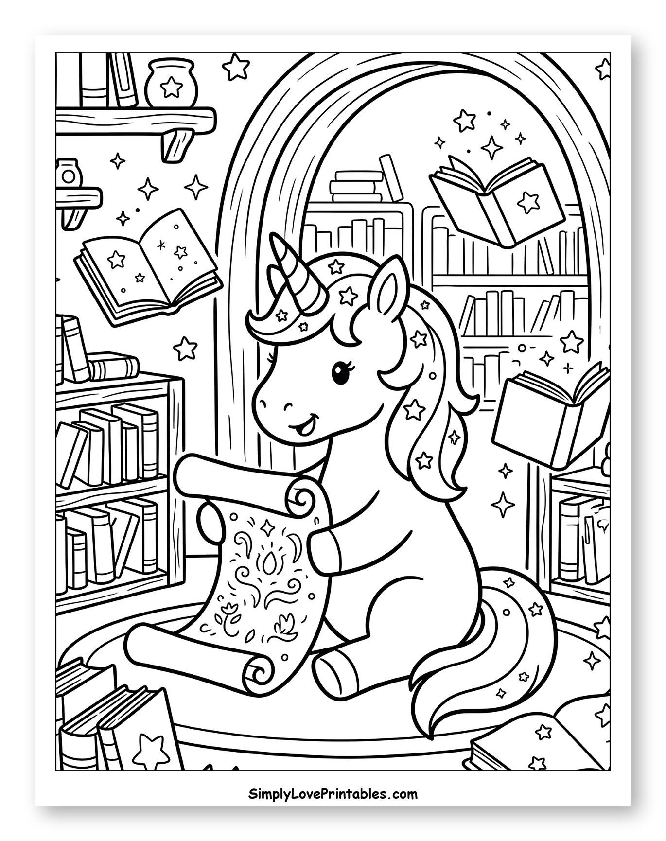 Enchanted Unicorn in a Magical Library Coloring Sheet for Kids