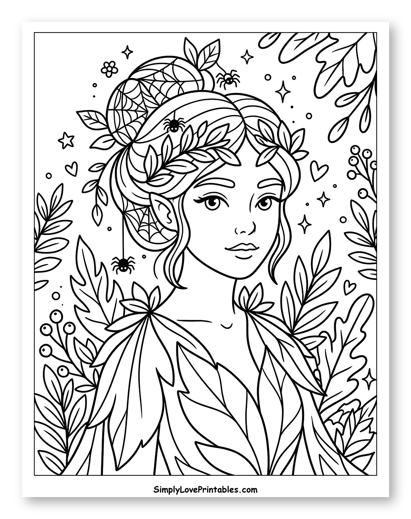 Enchanted Woman with Autumn Leaves and Spiders