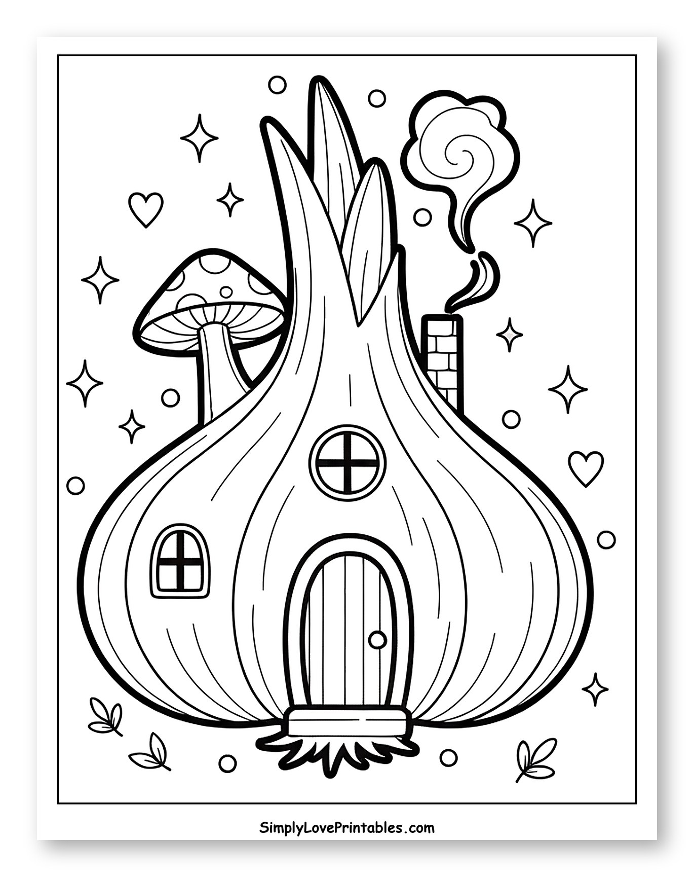 Enchanting Garlic House with Mushroom and Stars to Color for Adults