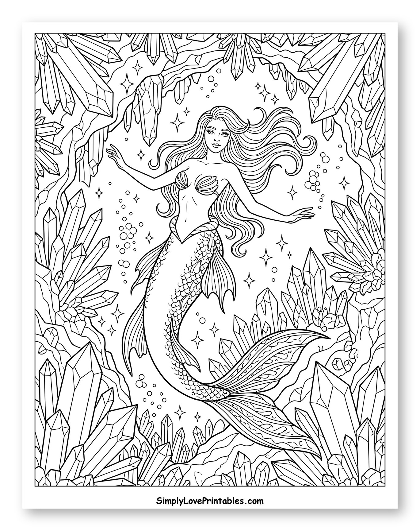 Enchanting Mermaid in Sparkling Crystal Cave Coloring Page