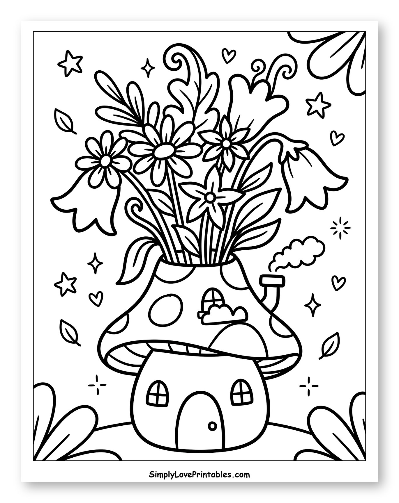 Enchanting Mushroom House Flower Vase Coloring Page for Adults