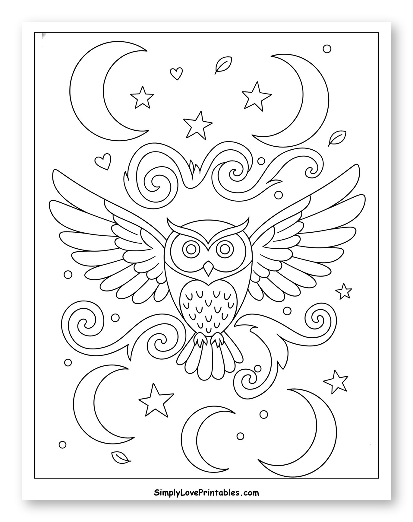 Enchanting Owl with Moons and Stars Coloring Page for Adults