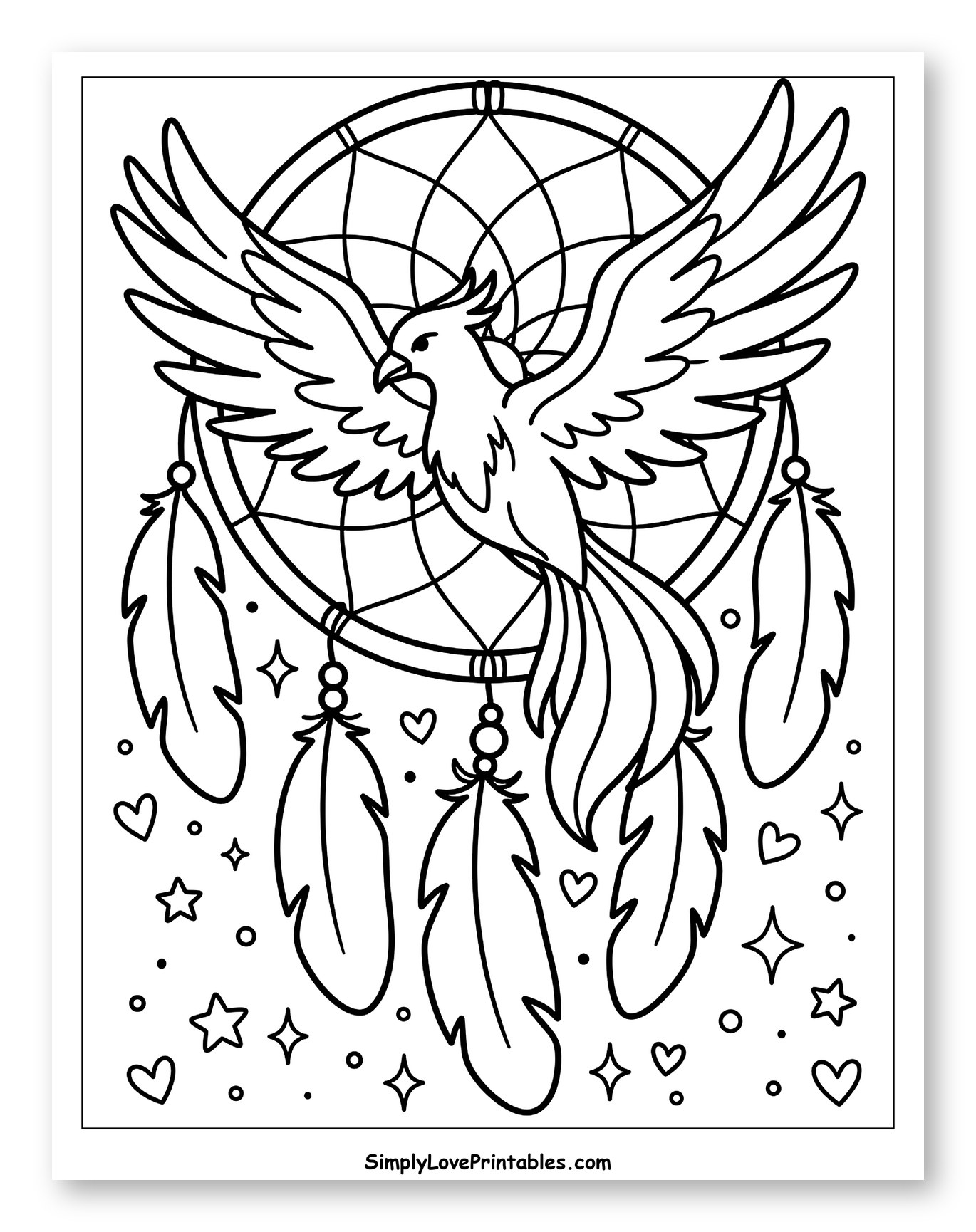 Enchanting Phoenix Flying Through a Dreamcatcher Coloring Sheet for Adults