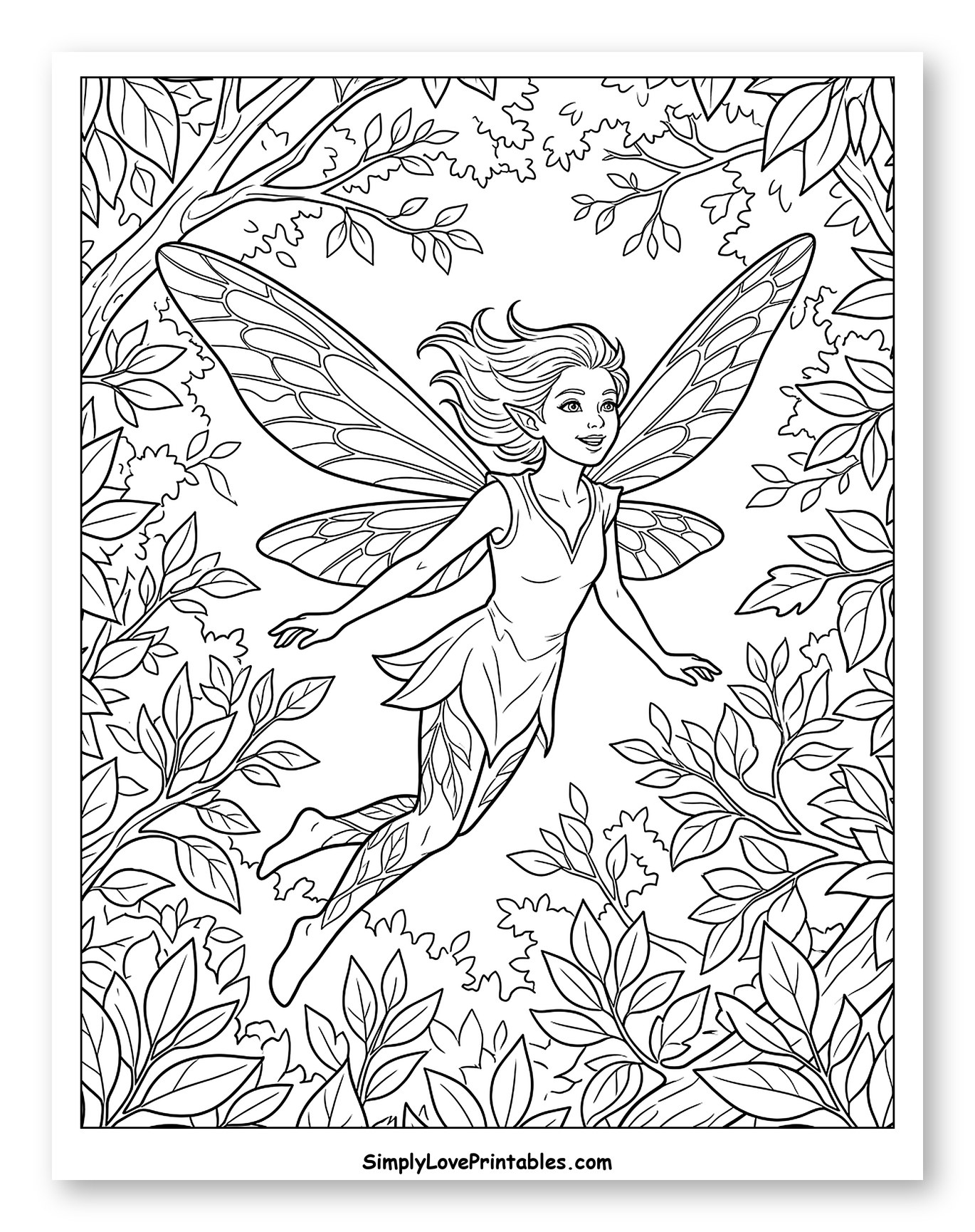 Enchanting Pixie Flying Among Forest Leaves Coloring Sheet