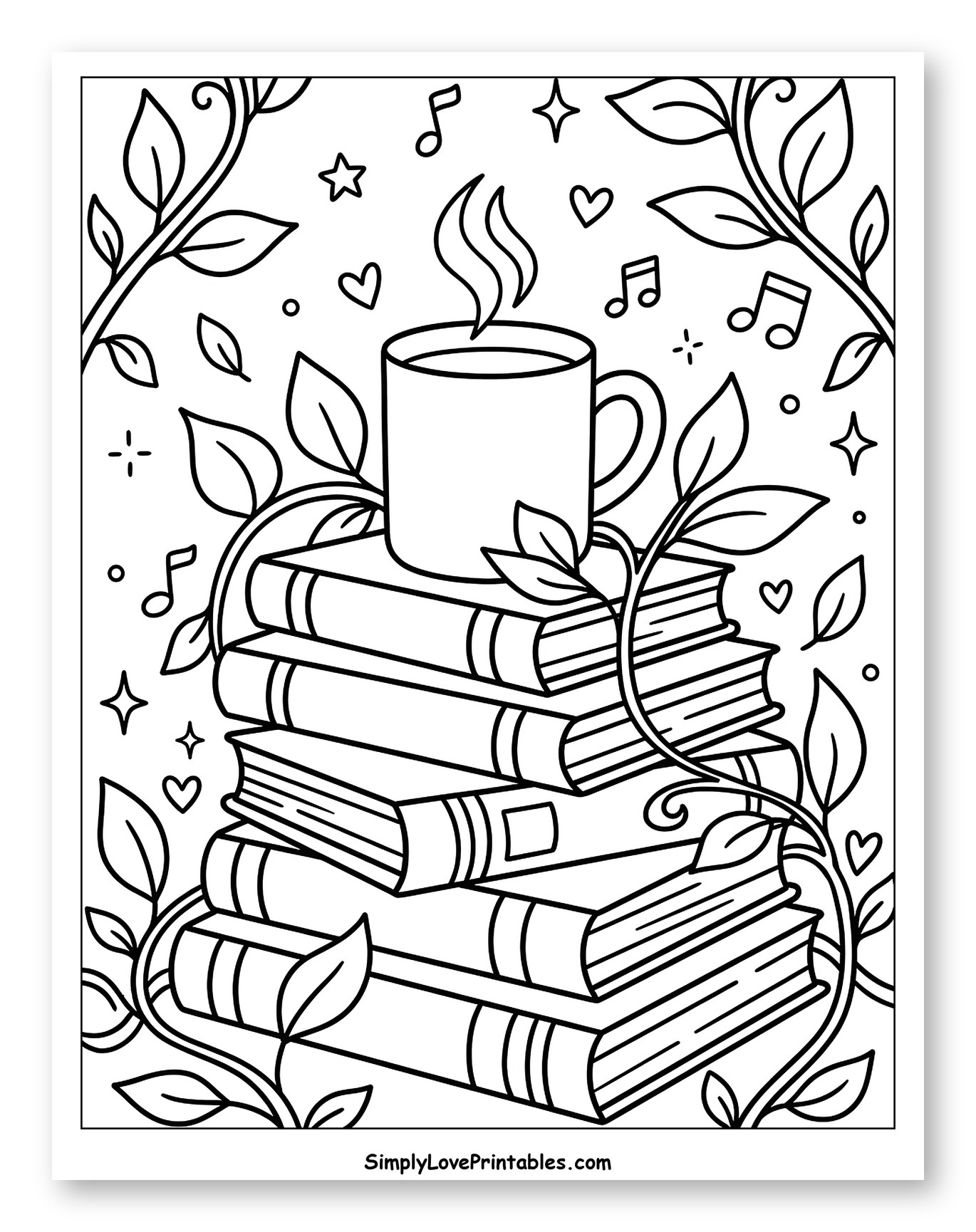 Enchanting Stack of Books and Coffee Coloring Sheet for Adults