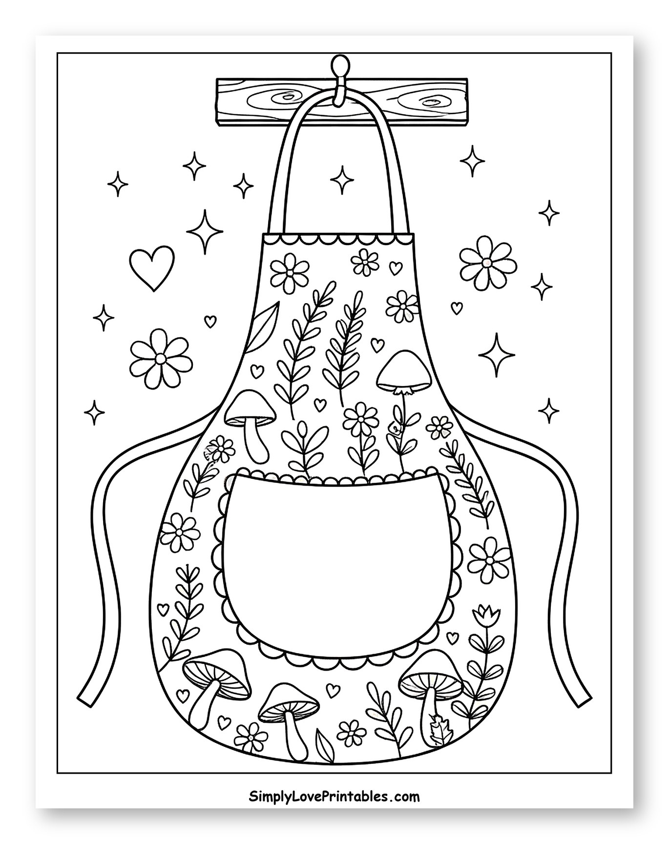 Enchanting Woodland Apron with Hearts and Sparkles Coloring Sheet for Adults