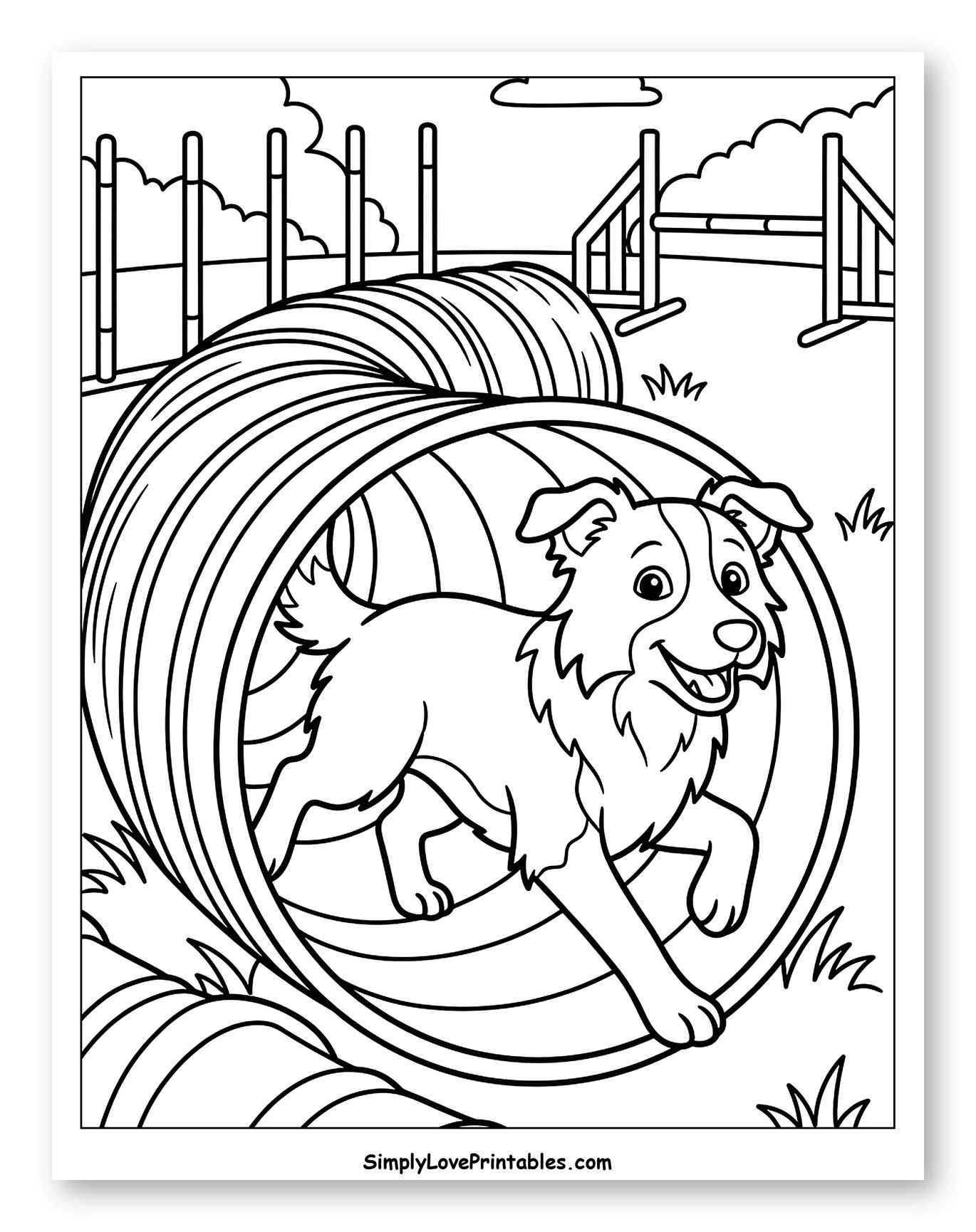Energetic Border Collie Running Through Tunnel Coloring Page for Kids