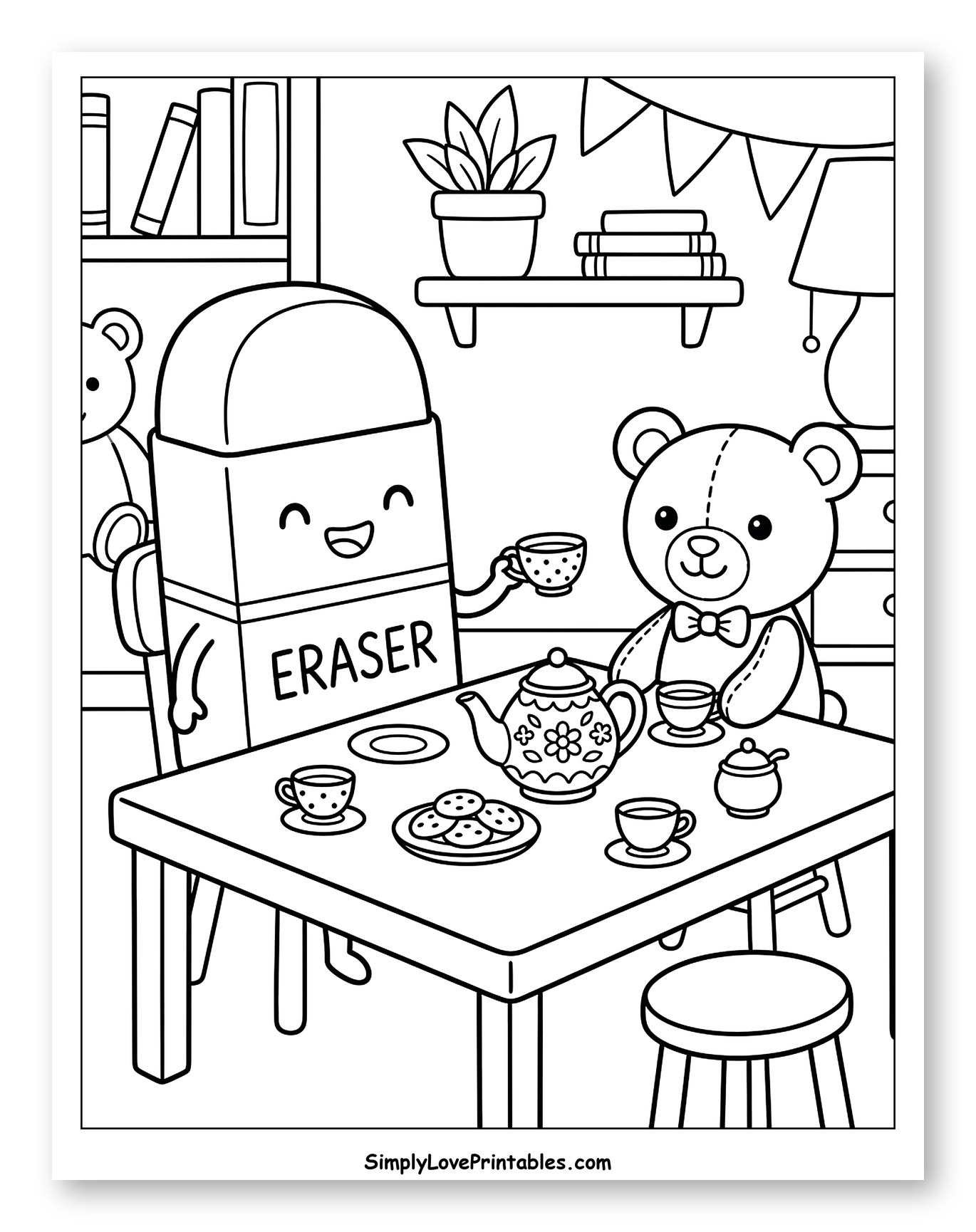 Eraser and Teddy Bear Tea Party Coloring Page for Kids