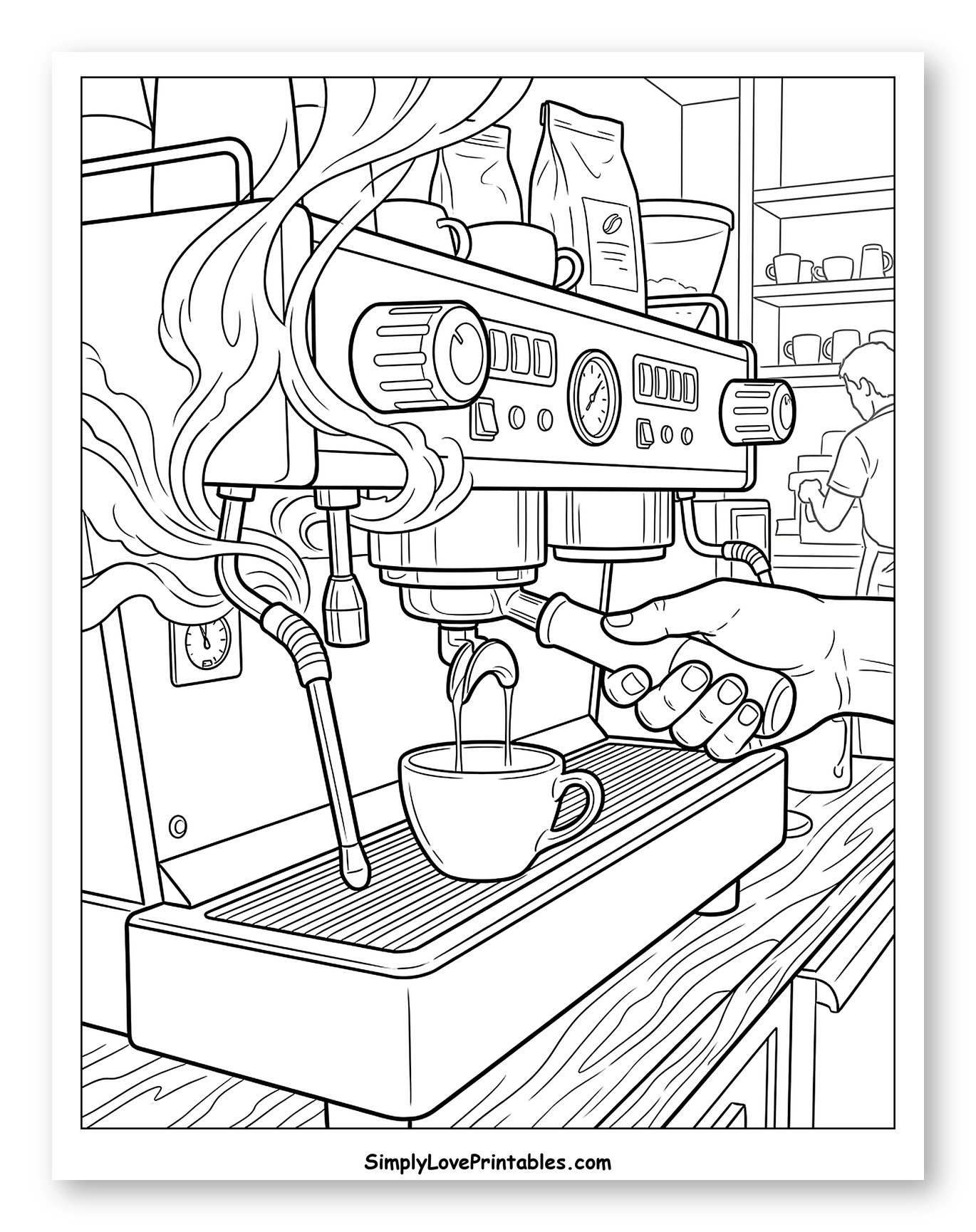 Espresso Machine Pouring Hot Coffee Coloring Sheet
