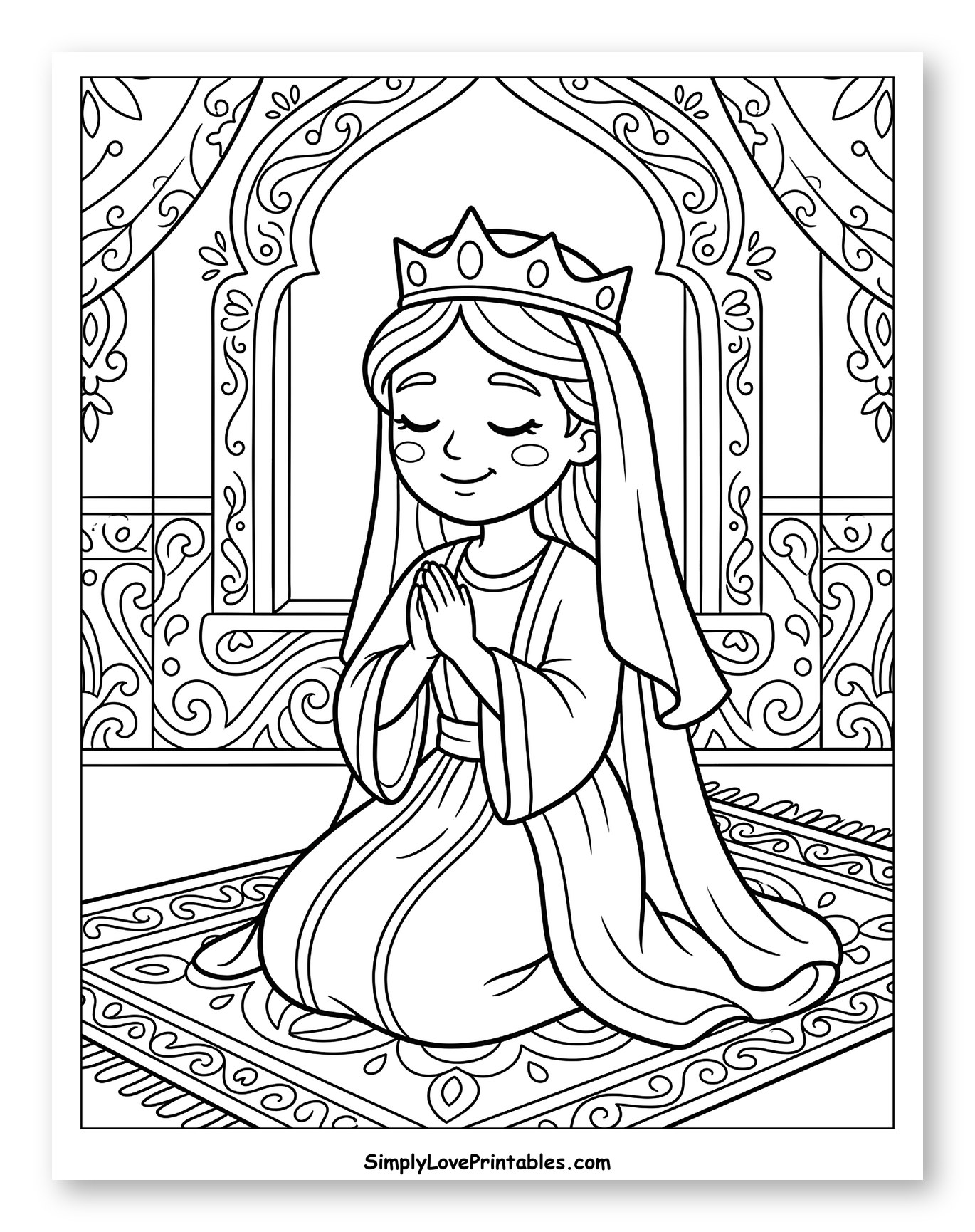 Esther Kneeling in Prayer Coloring Page for Kids