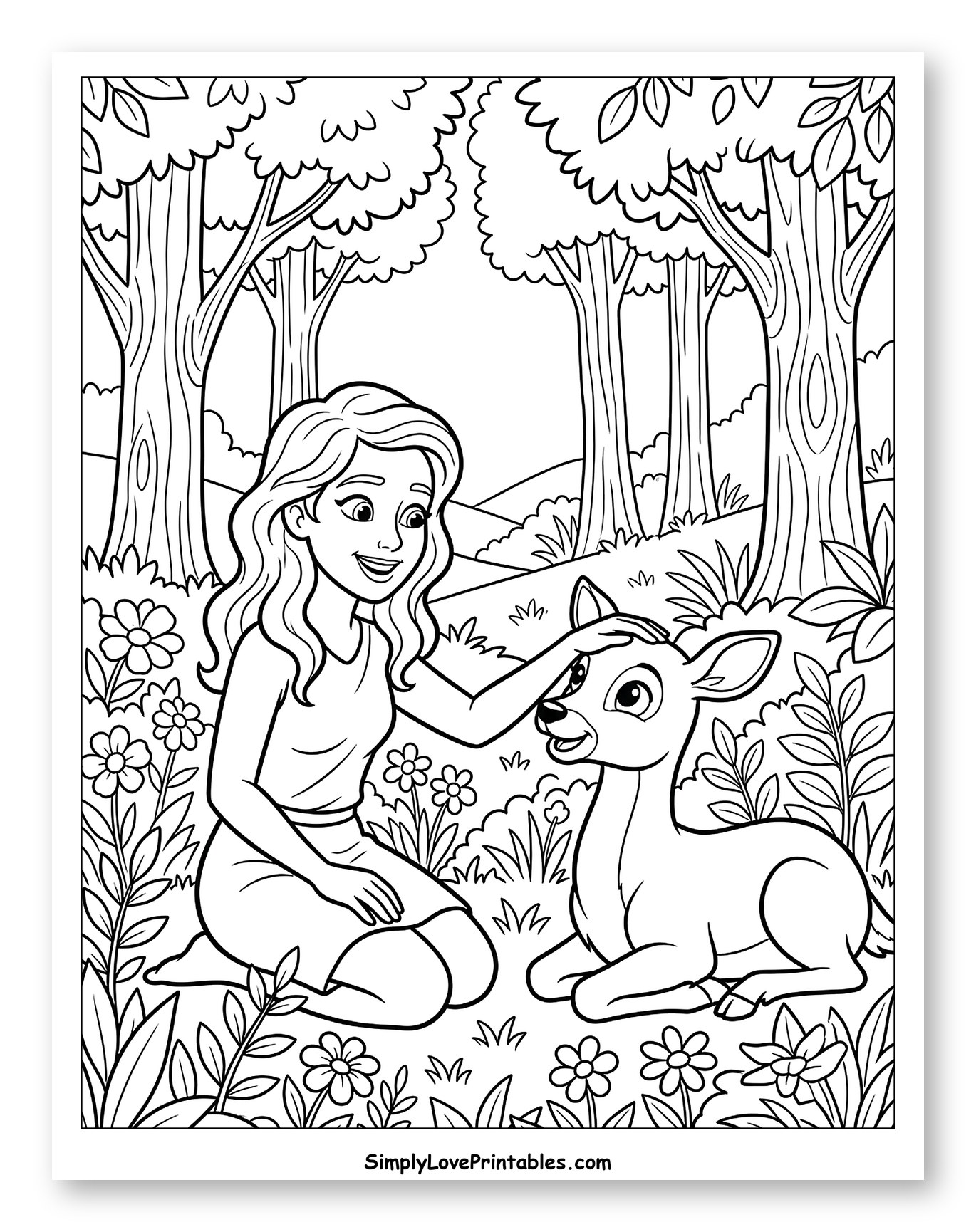 Eve Petting a Gentle Deer Coloring Sheet for Kids