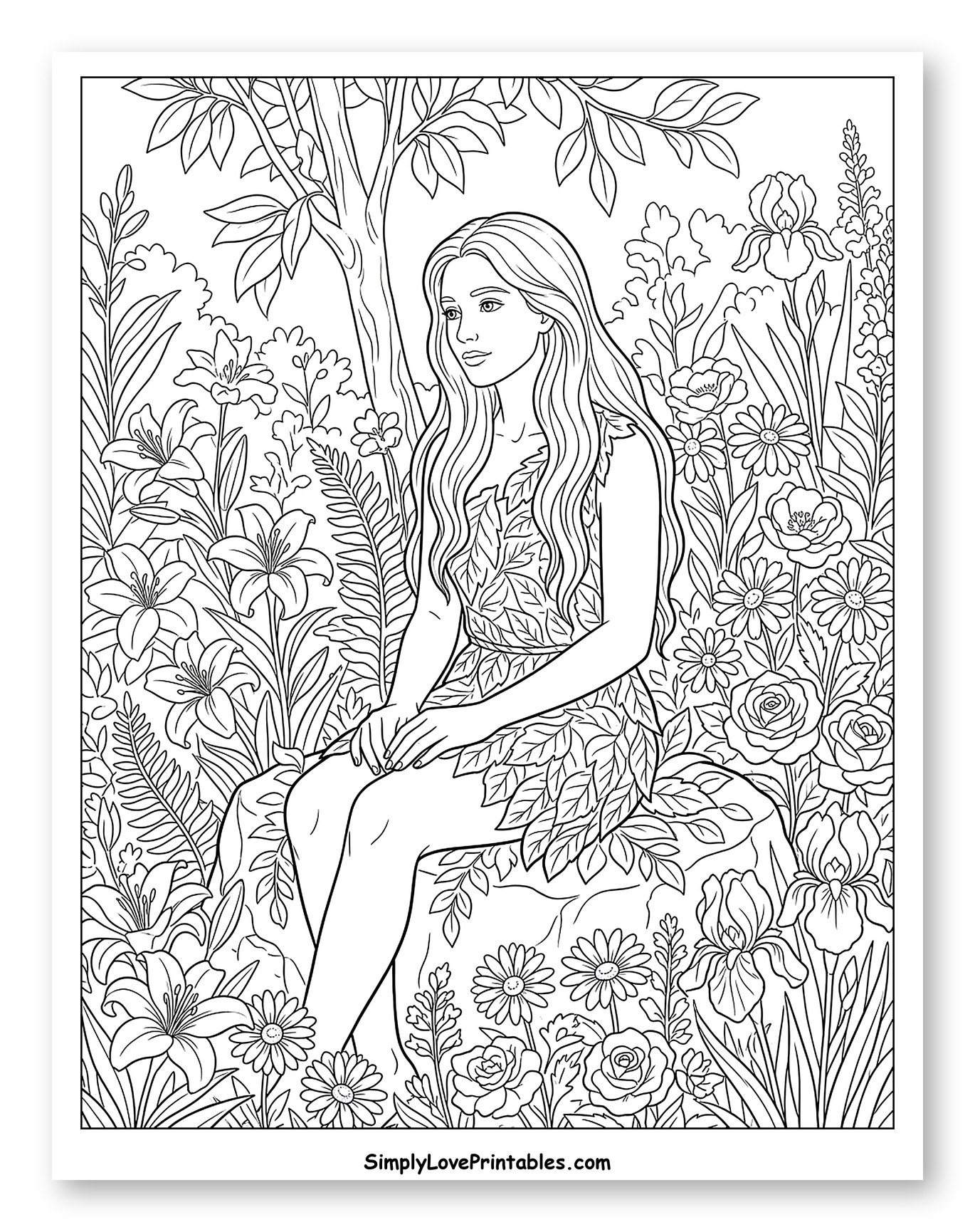 Eve Sitting in a Flowery Garden Coloring Sheet