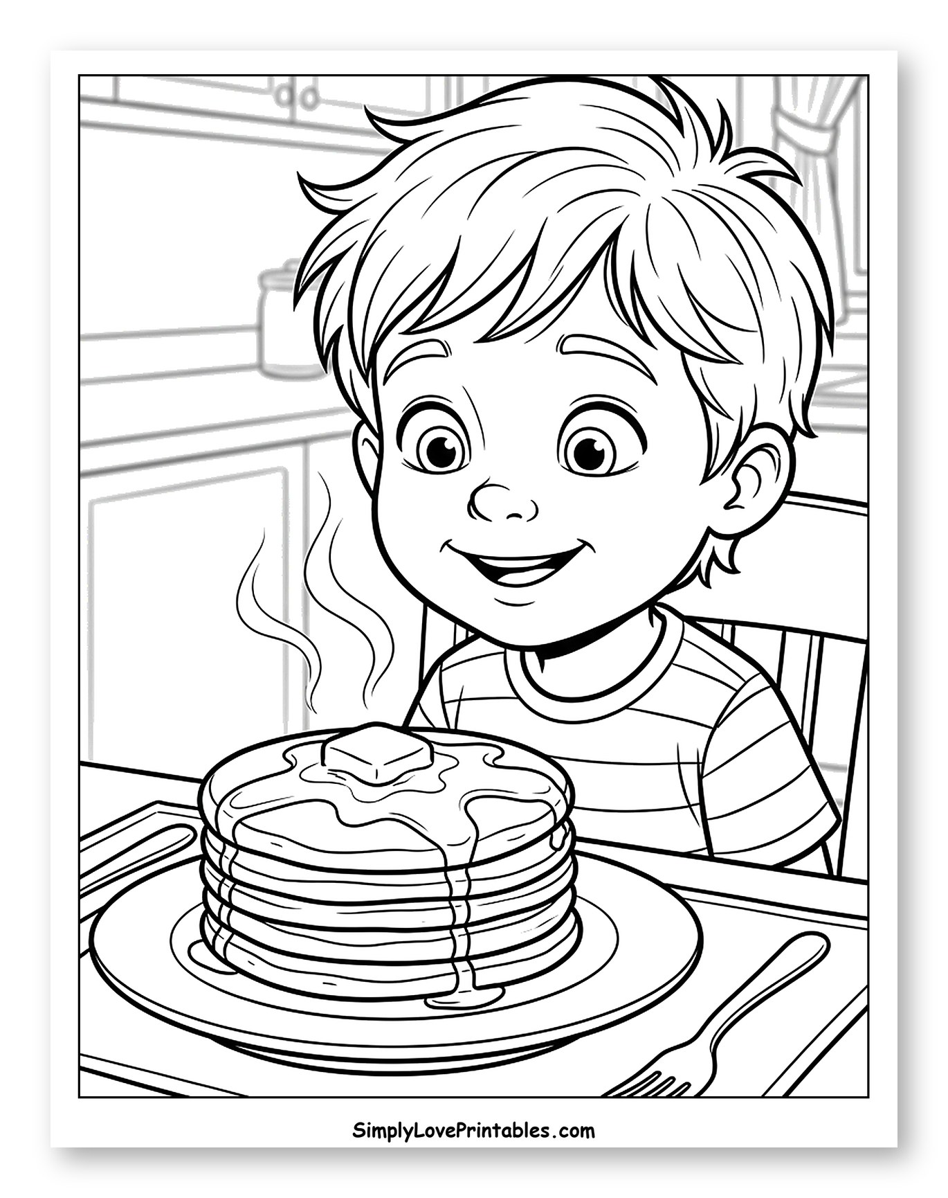 Excited Boy Looking at Steaming Pancakes Coloring Page
