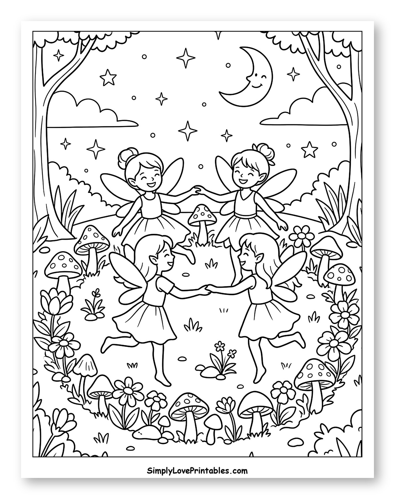 Fairies Dancing Under a Smiling Moon to Color for Kids