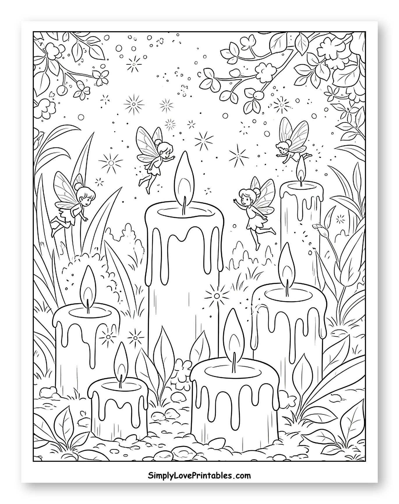 Fairies Flying Around Lit Candles Coloring Page for Kids