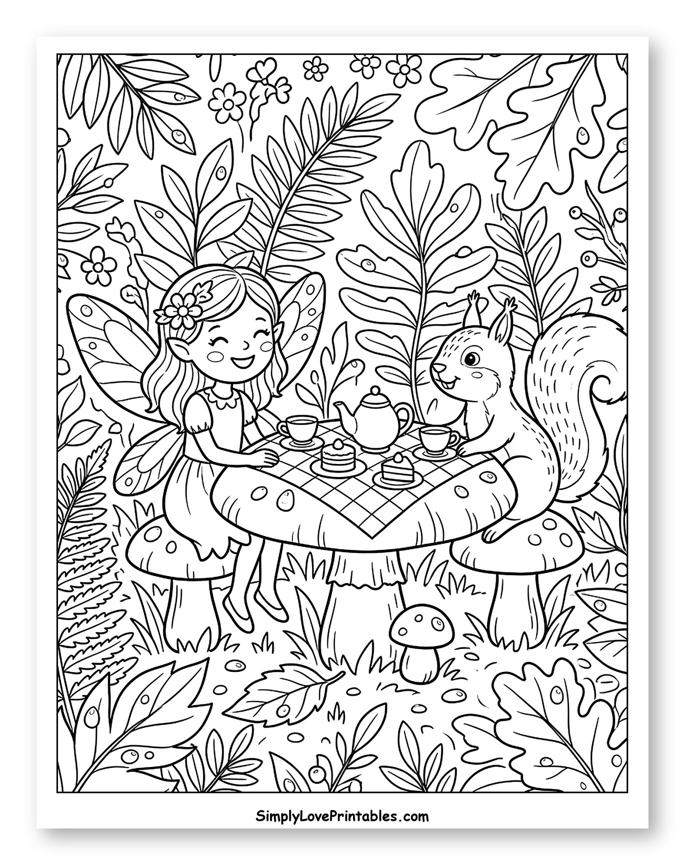 Fairy and Squirrel Having a Forest Tea Party to Color for Kids