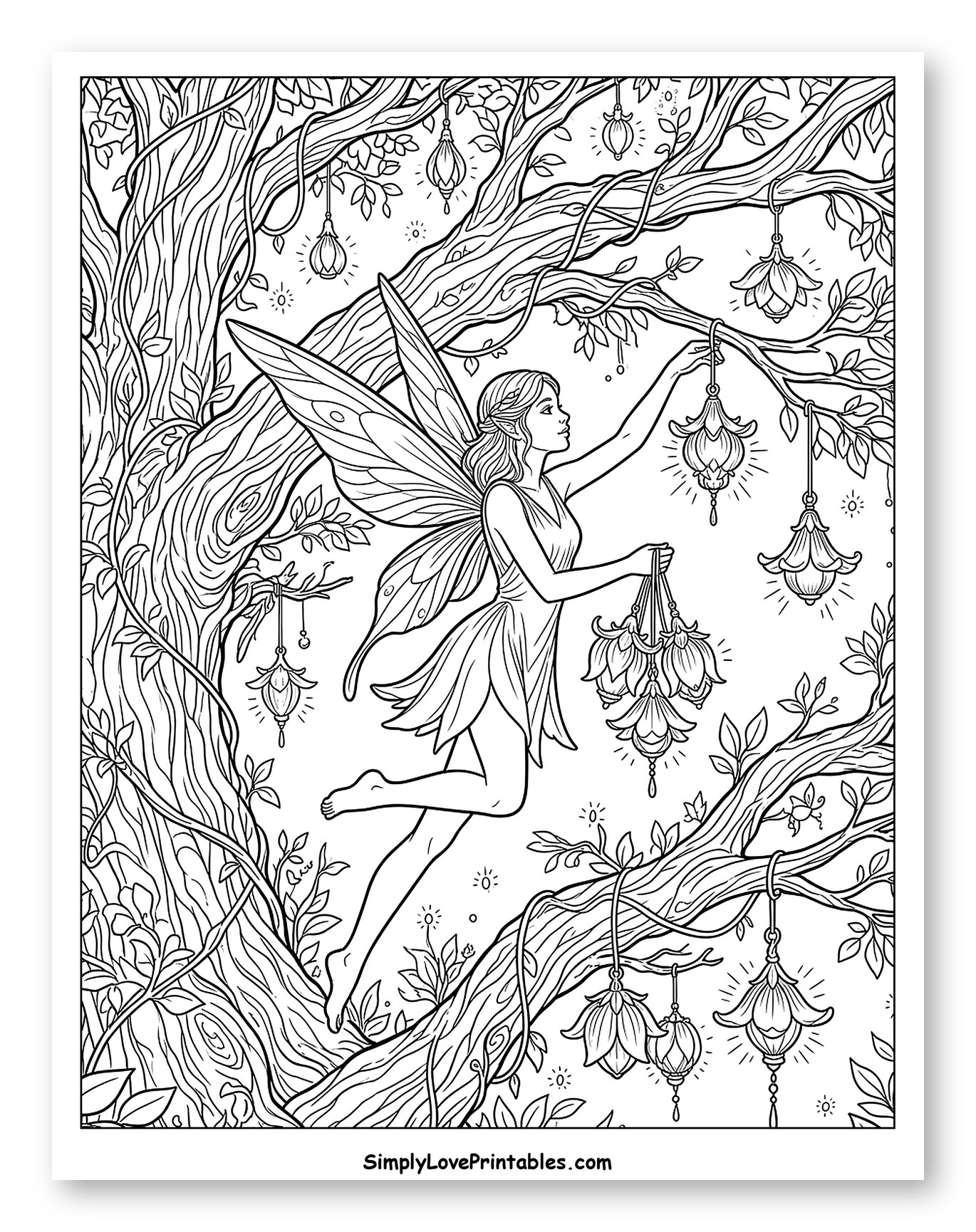 Fairy Arranging Glowing Flower Lanterns in Forest